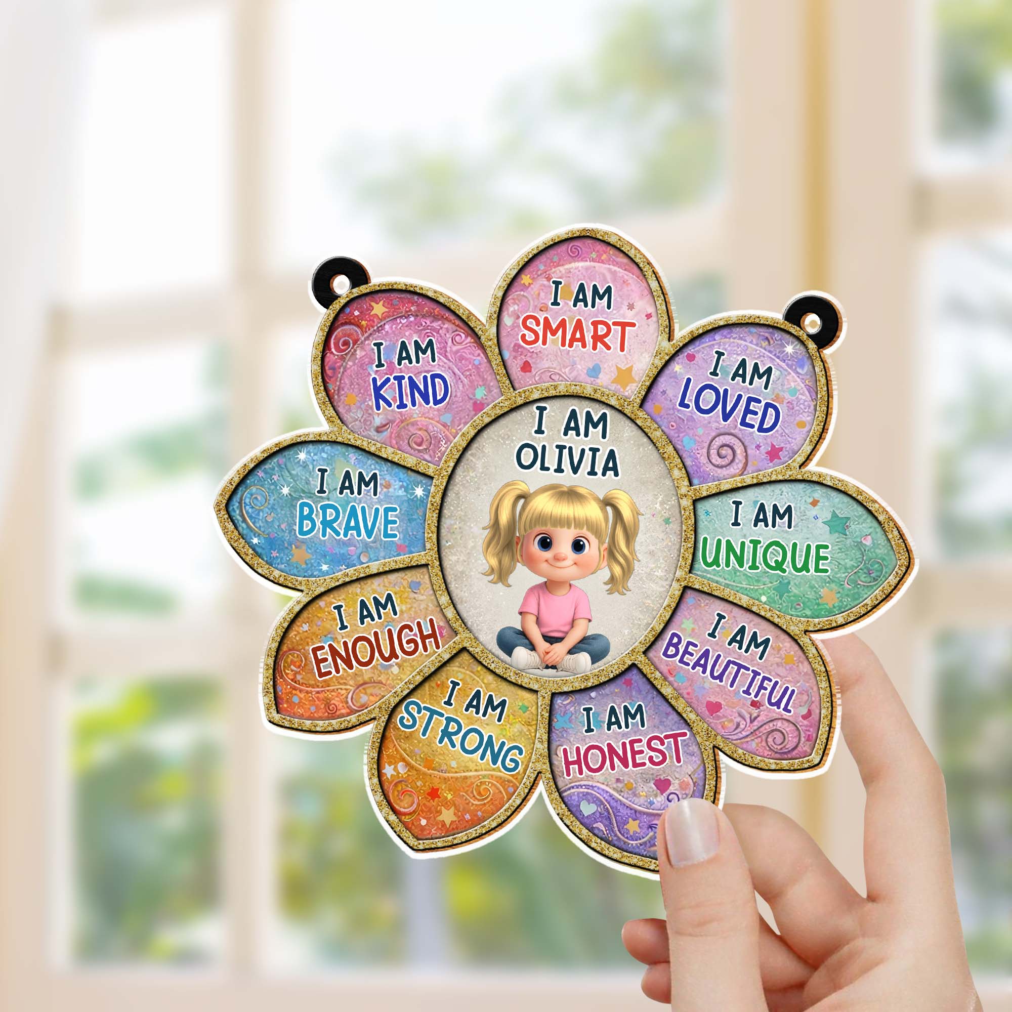 I Am Smart Loved Unique Affirmation Flower With Little Girl Design - Personalized Custom Suncatcher - KID581_CSUN - Image 3