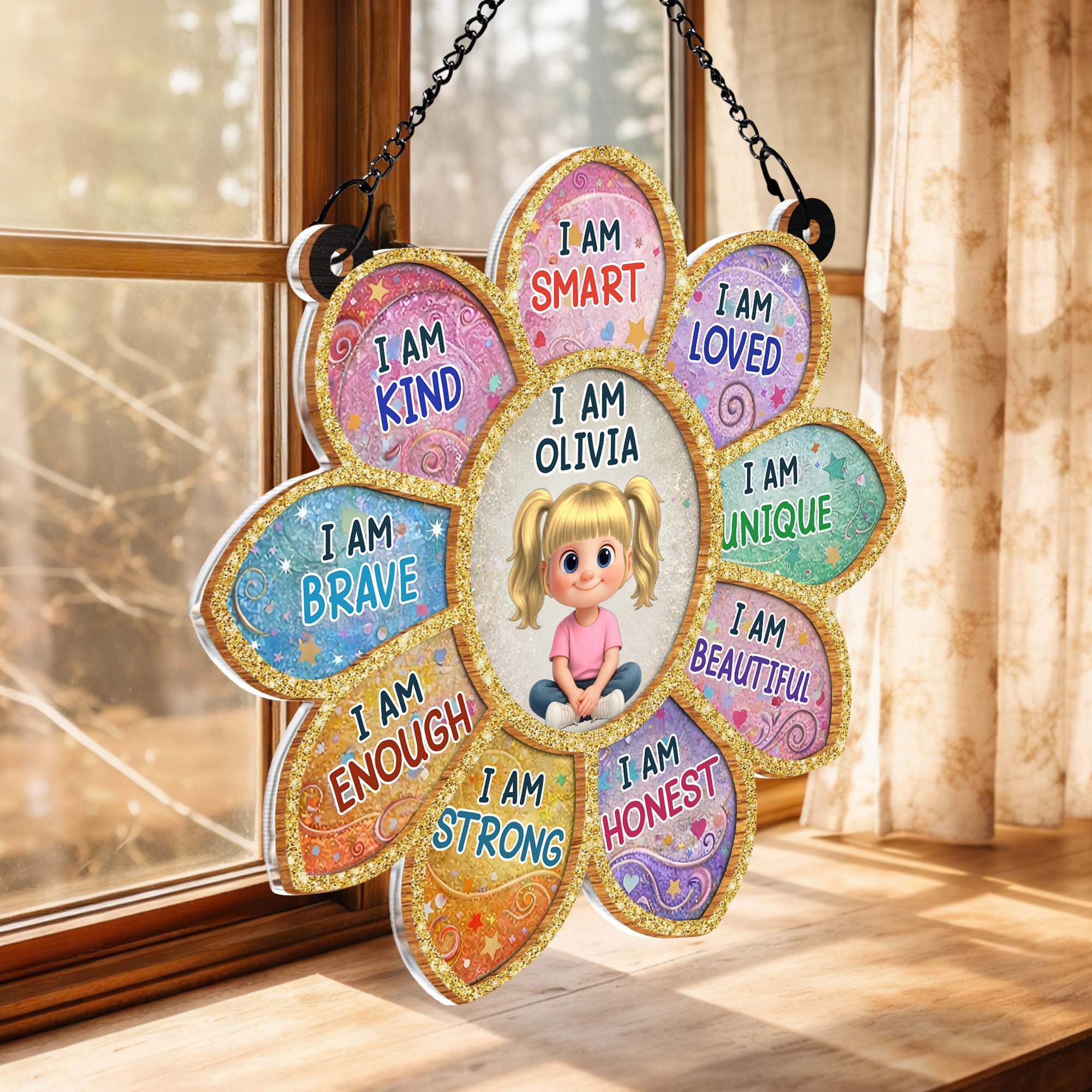I Am Smart Loved Unique Affirmation Flower With Little Girl Design - Personalized Custom Suncatcher - KID581_CSUN - Image 4