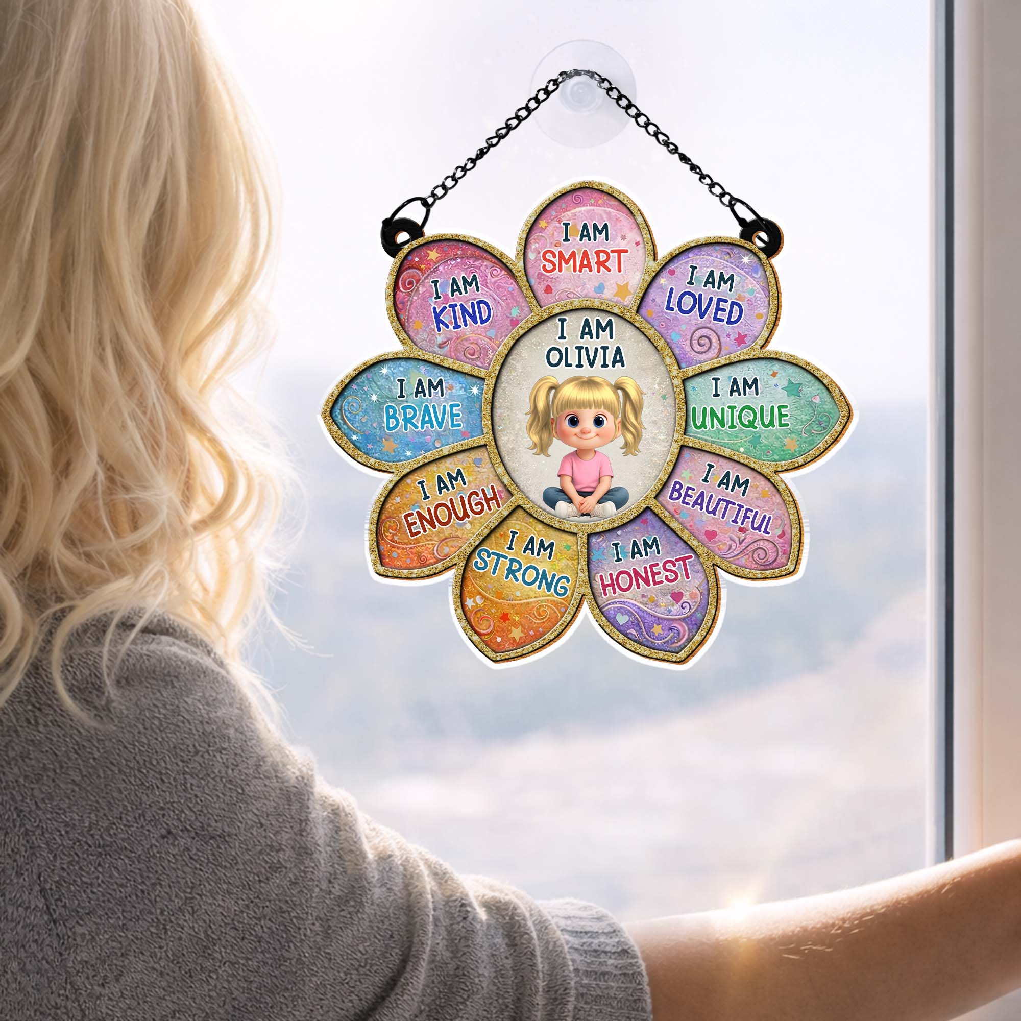 I Am Smart Loved Unique Affirmation Flower With Little Girl Design - Personalized Custom Suncatcher - KID581_CSUN - Image 5