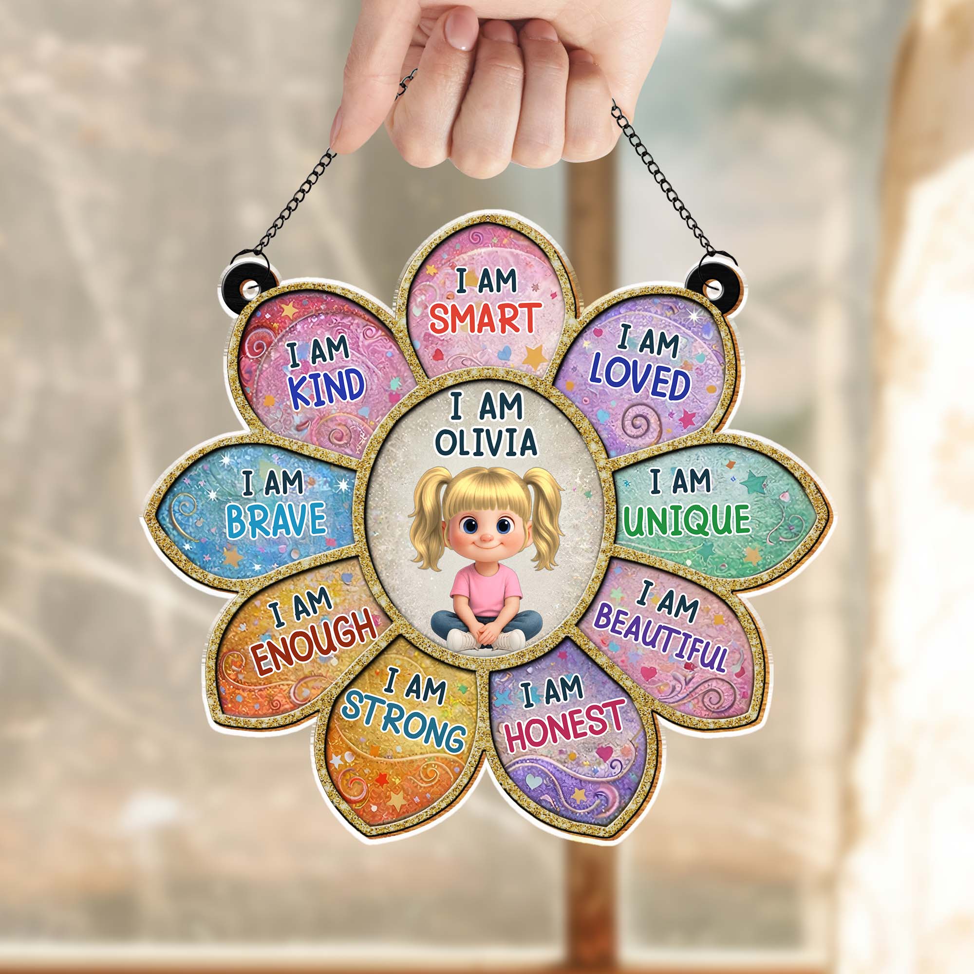 I Am Smart Loved Unique Affirmation Flower With Little Girl Design - Personalized Custom Suncatcher - KID581_CSUN - Image 6