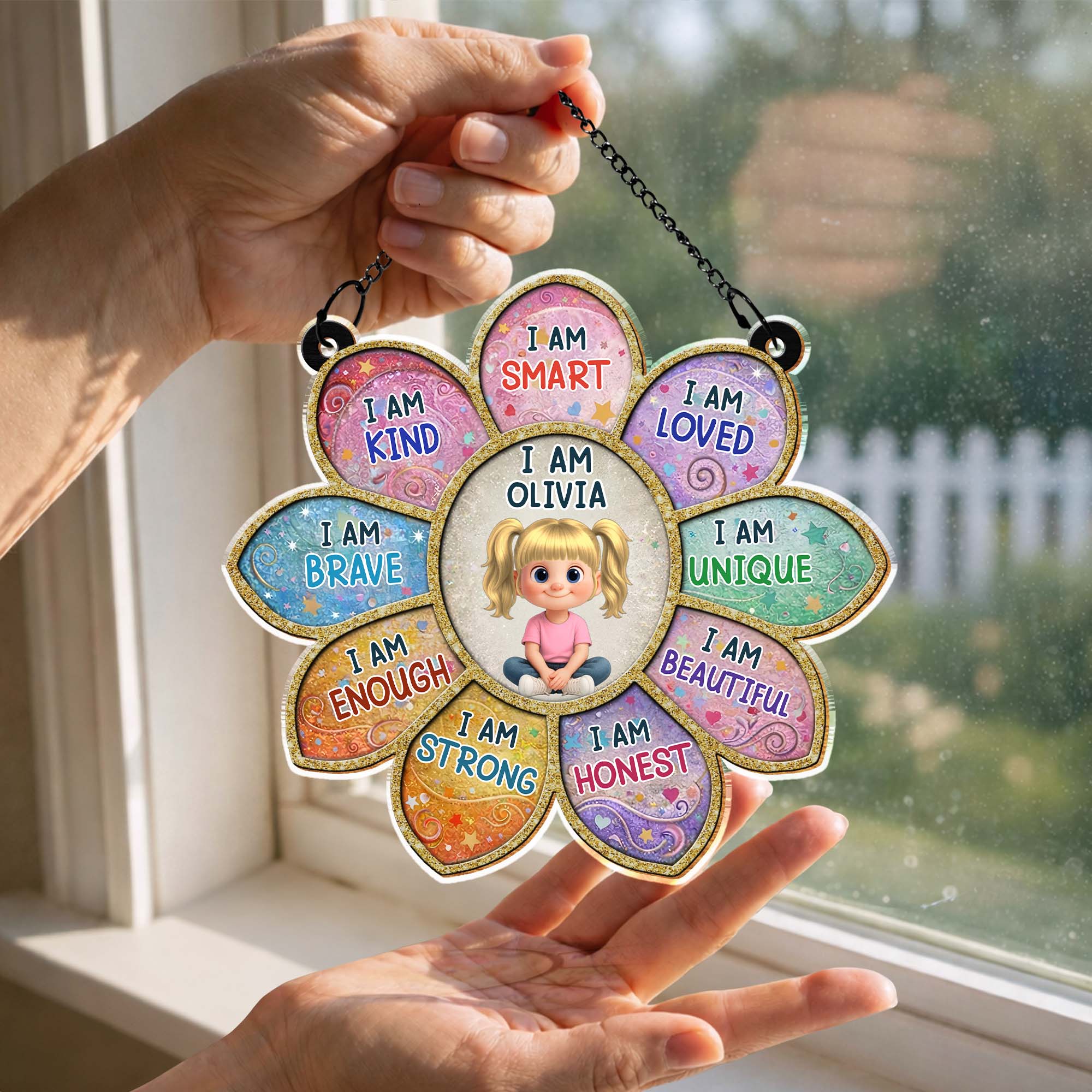 I Am Smart Loved Unique Affirmation Flower With Little Girl Design - Personalized Custom Suncatcher - KID581_CSUN - Image 9
