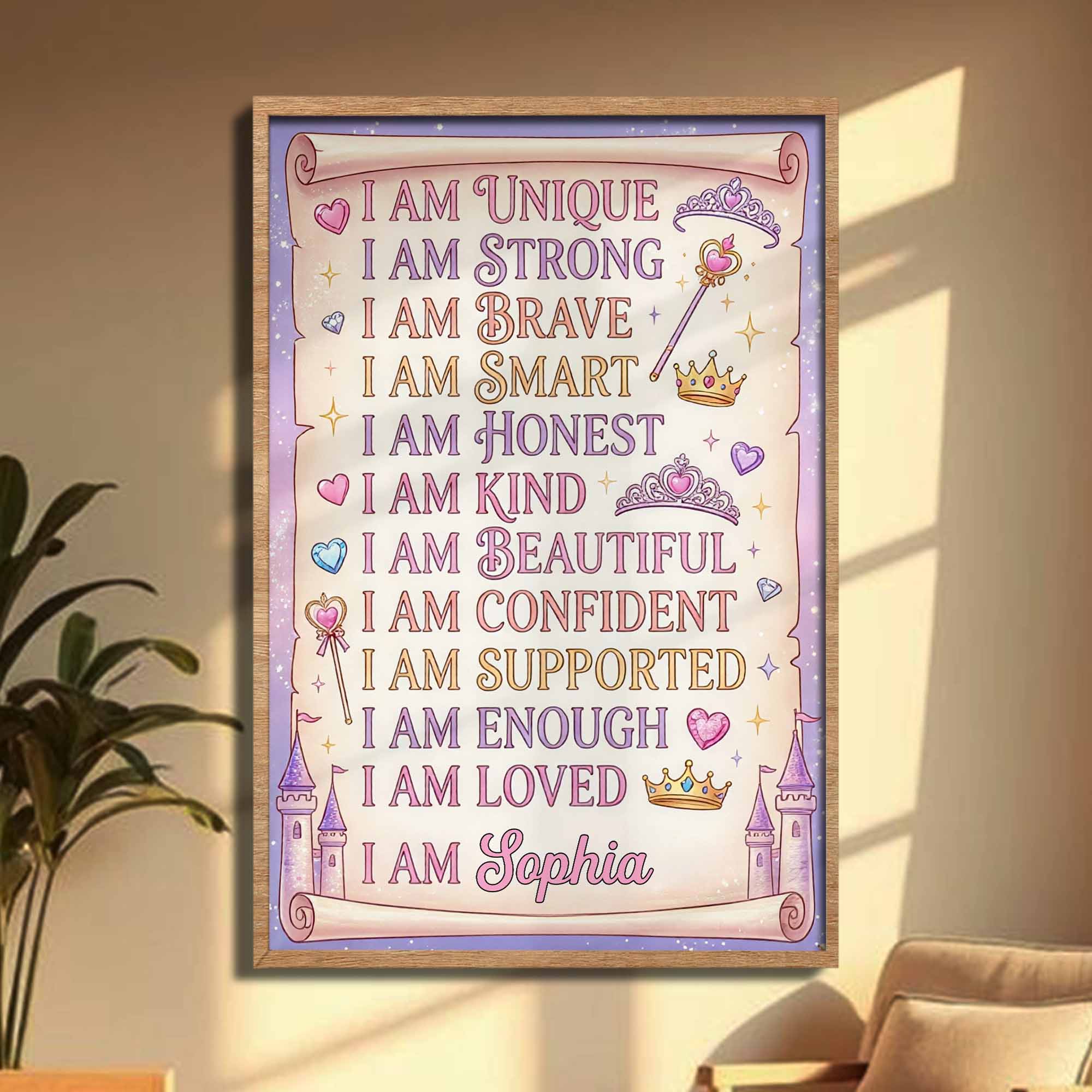 I Am Unique Strong Brave Smart Affirmations With Crowns And Castle - Personalized Custom Vertical Poster - KID518_VPOS - Image 4