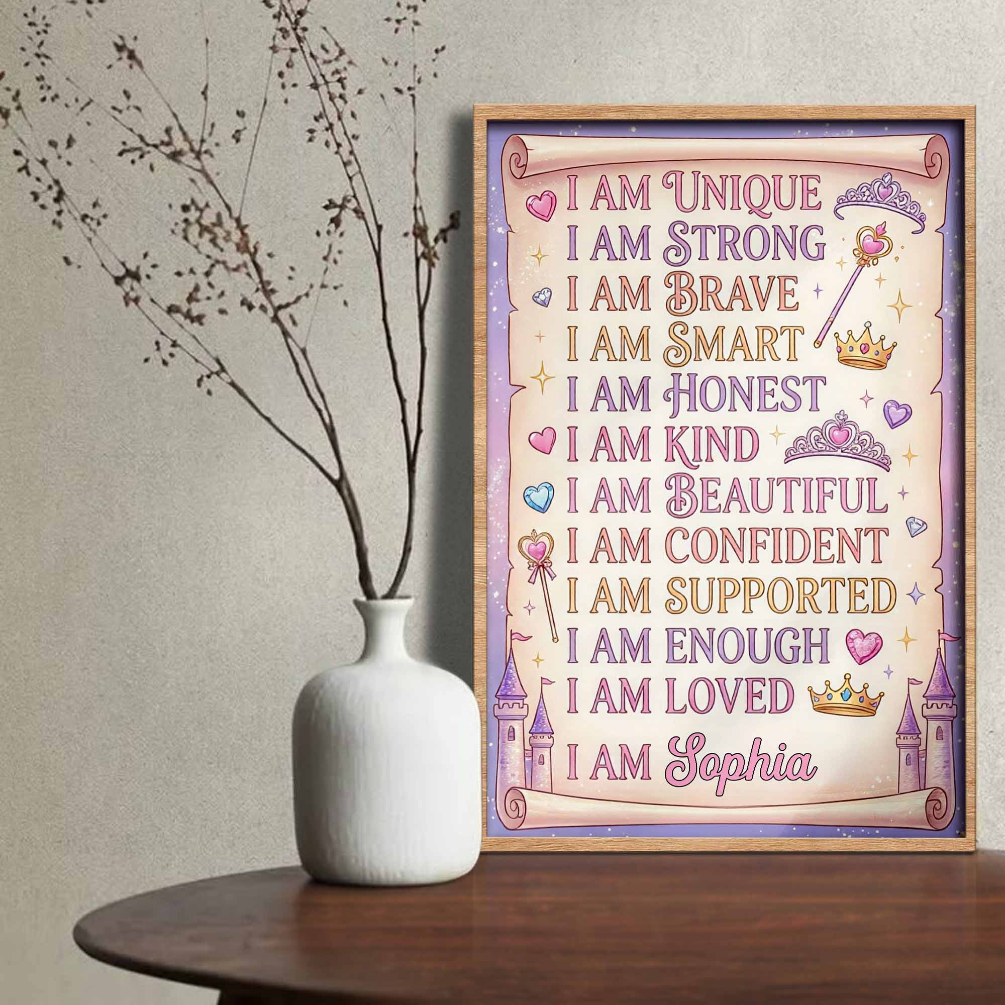 I Am Unique Strong Brave Smart Affirmations With Crowns And Castle - Personalized Custom Vertical Poster - KID518_VPOS - Image 5