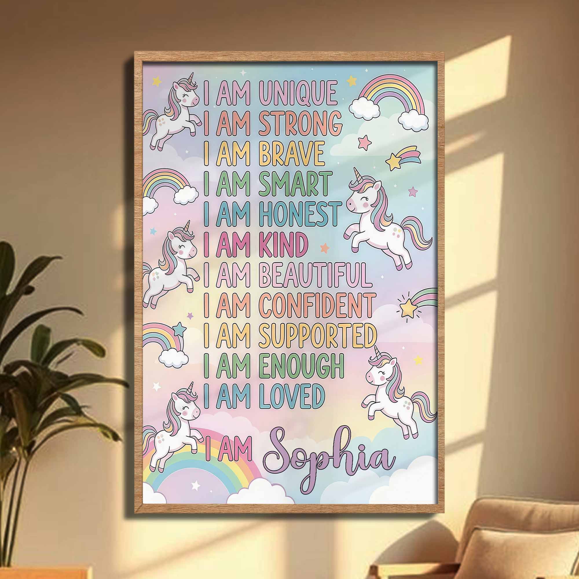 I Am Unique Strong Brave Unicorn And Rainbow Affirmations For Girls - Personalized Custom Vertical Poster - KID517_VPOS - Image 3