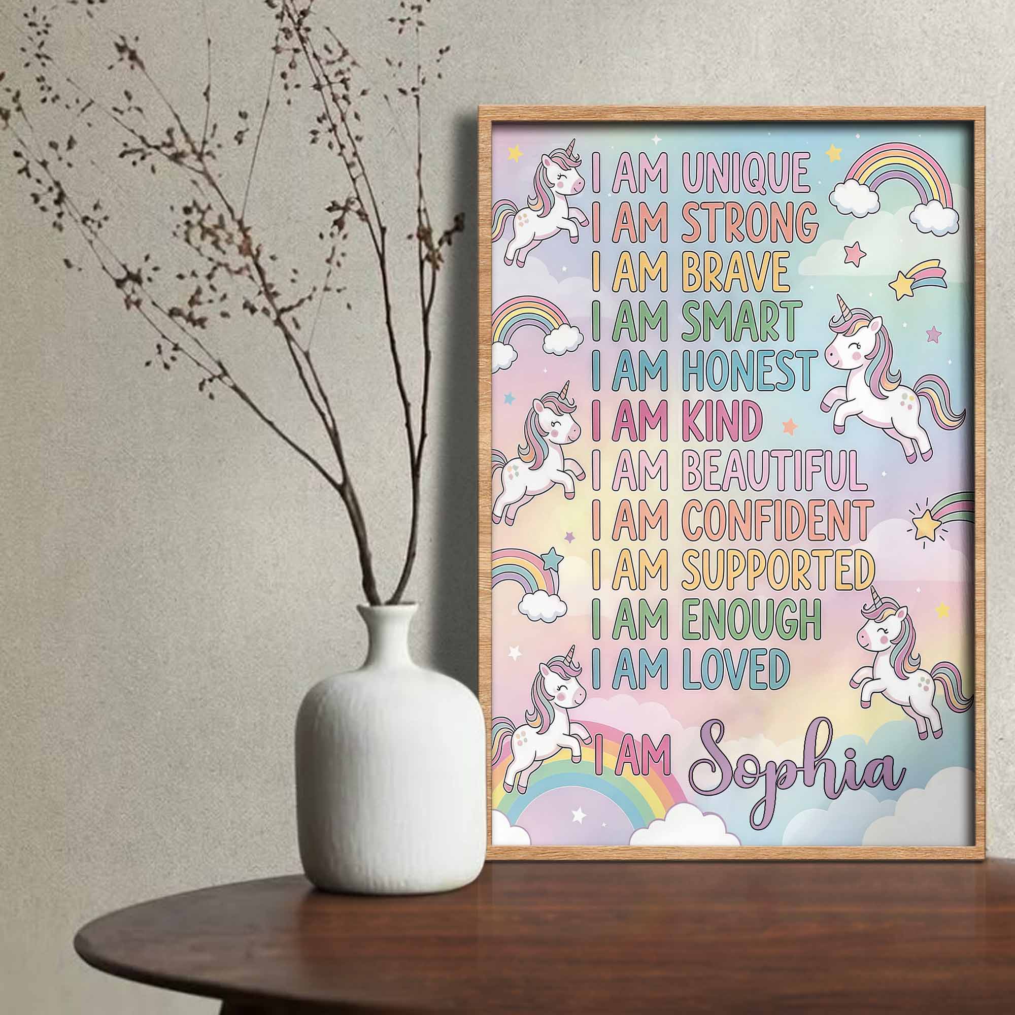 I Am Unique Strong Brave Unicorn And Rainbow Affirmations For Girls - Personalized Custom Vertical Poster - KID517_VPOS - Image 4
