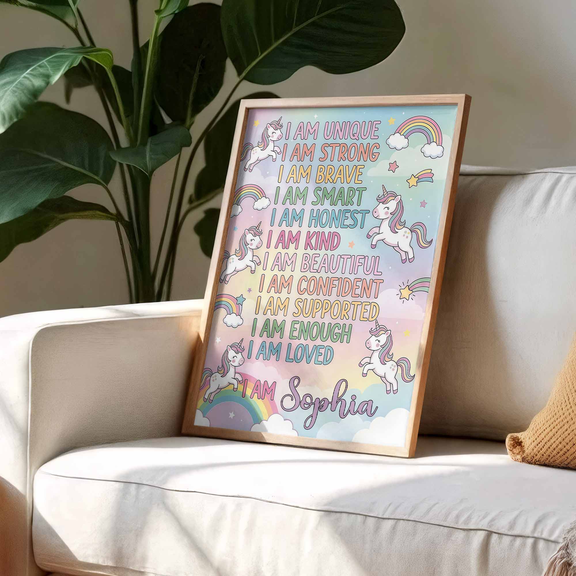 I Am Unique Strong Brave Unicorn And Rainbow Affirmations For Girls - Personalized Custom Vertical Poster - KID517_VPOS - Image 5