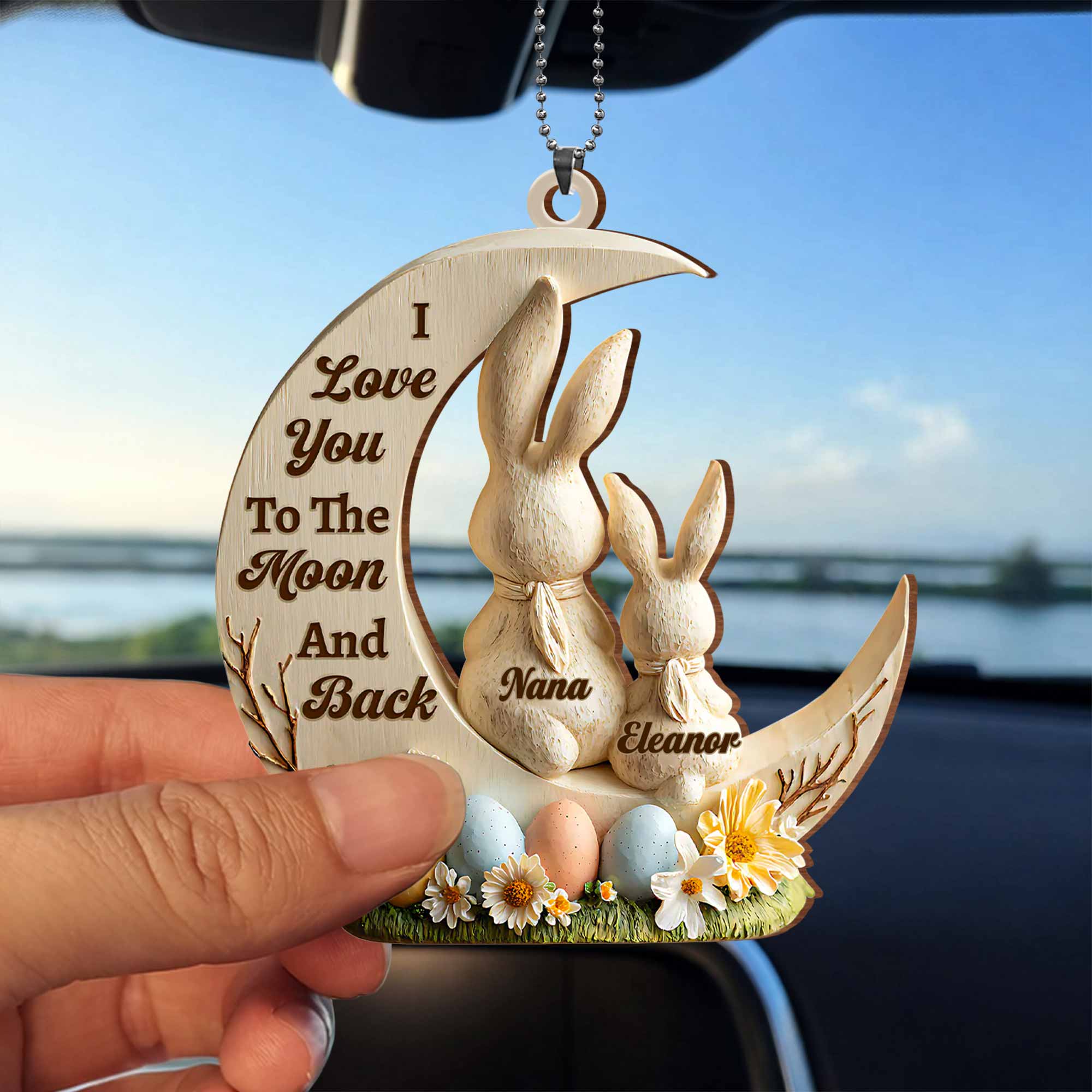I Love You To The Moon And Back Bunny And Easter Egg Ornament - Personalized Custom Wood Ornament, Car Hanging Ornament - GDT629_WCA - Image 3