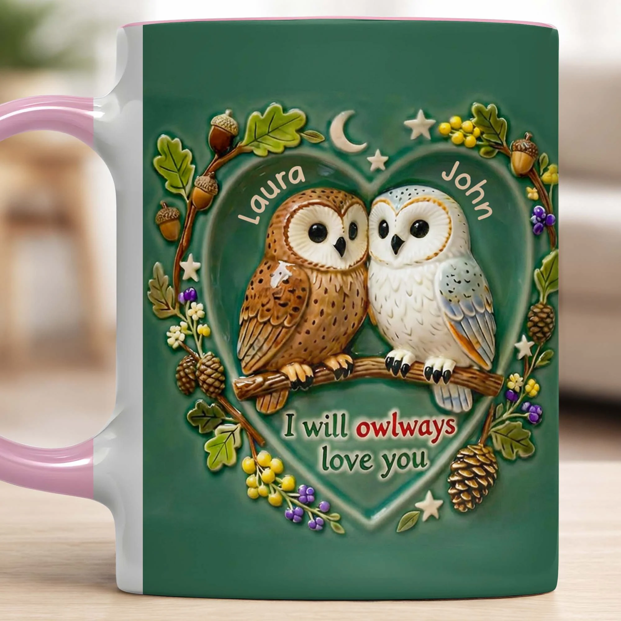 I Will Owlways Love You With Cute Owls And Nature Wreath - Personalized Custom Accent Mug - CPL1379_AMUG - Image 3