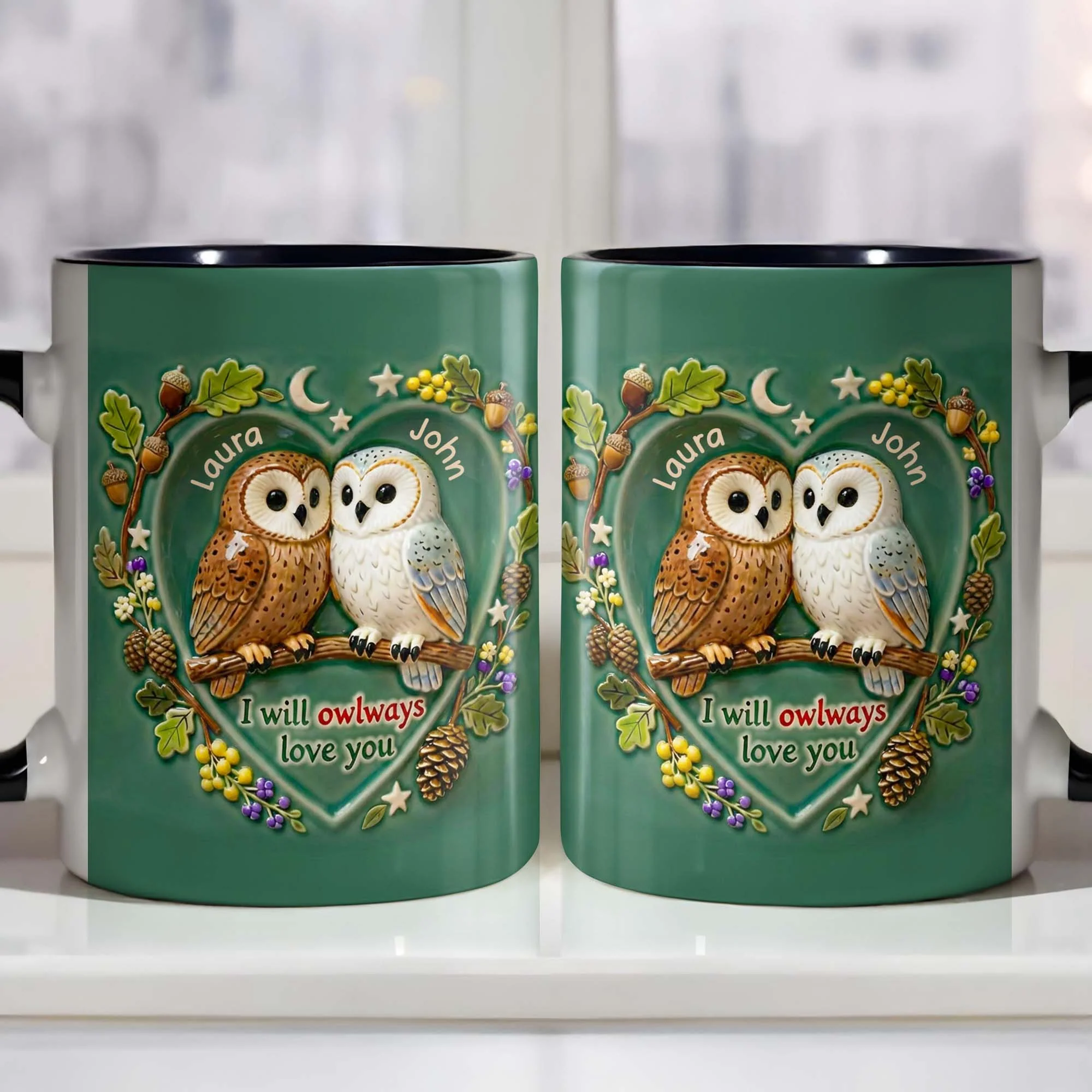 I Will Owlways Love You With Cute Owls And Nature Wreath - Personalized Custom Accent Mug - CPL1379_AMUG - Image 4