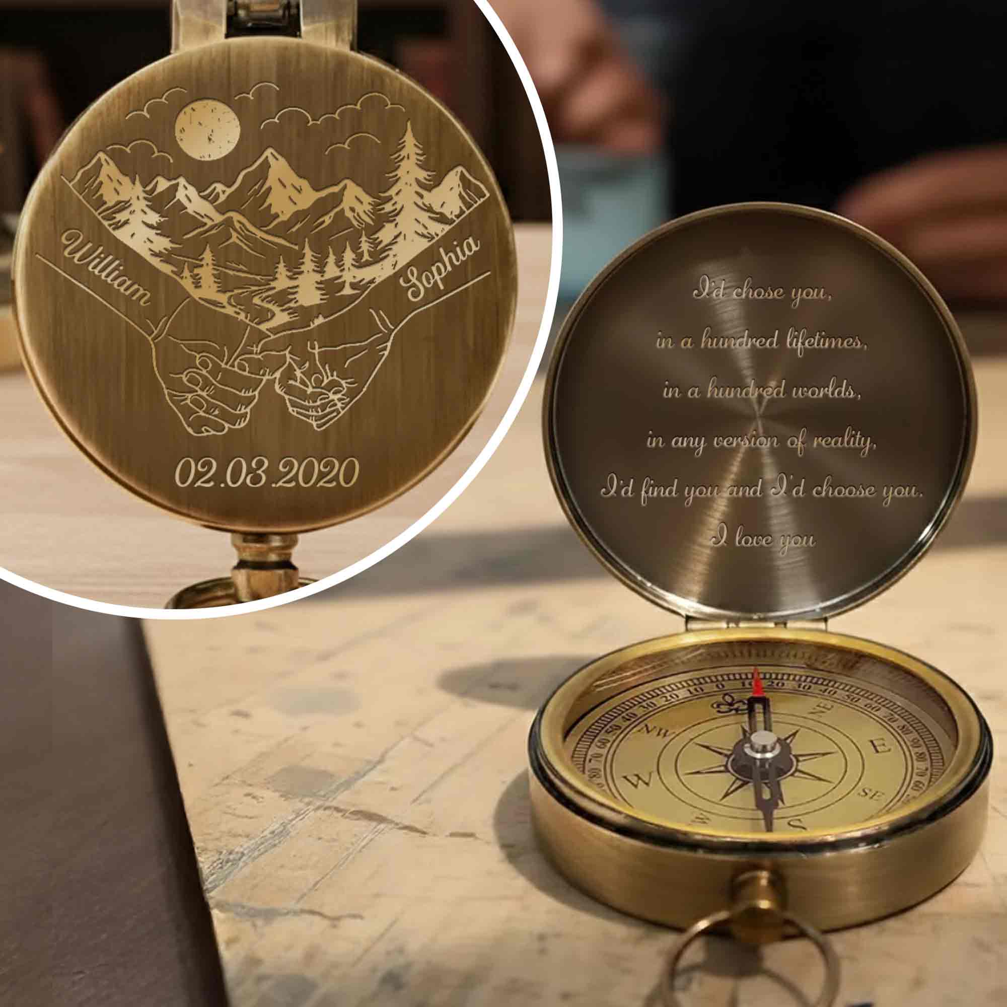 I'd Chose You In A Hundred Lifetimes Pinky Promise Mountains - Personalized Engraved Brass Compass - CPL838_ECPASS - Image 2