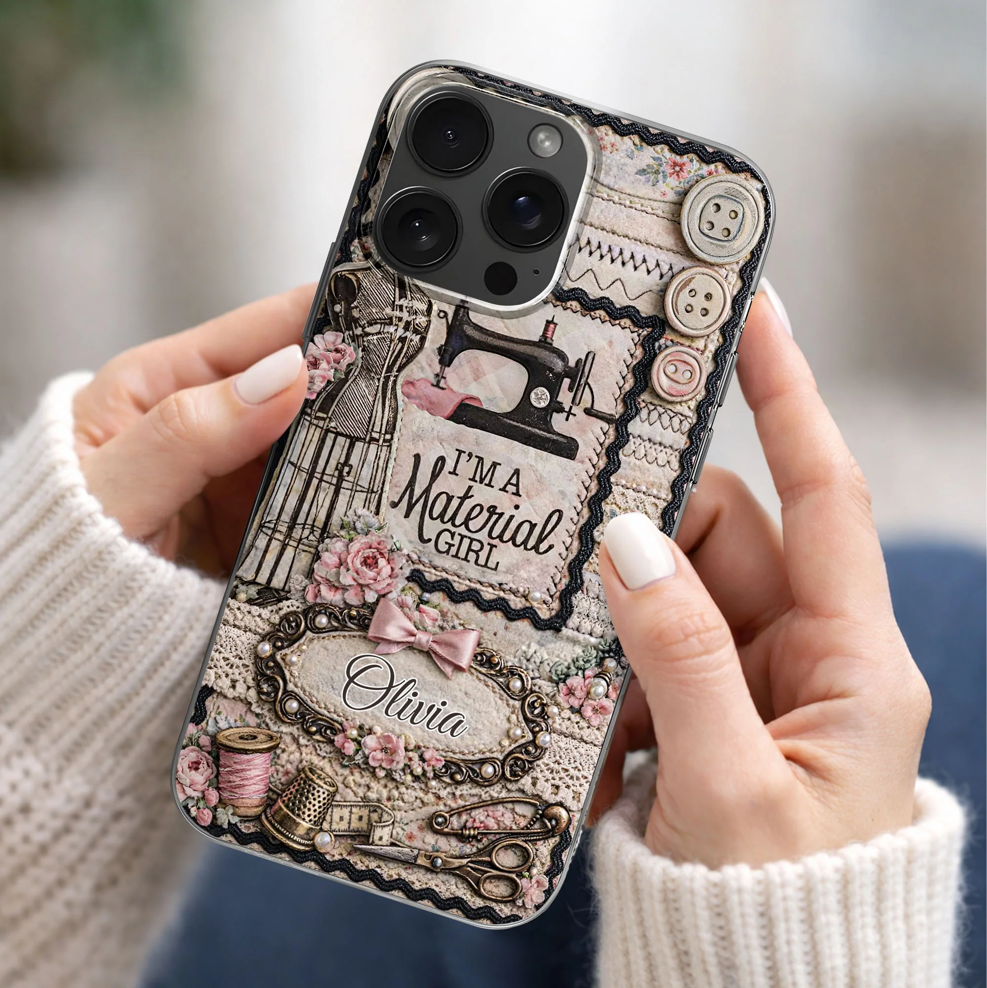I'm A Material Girl Sewing Machine And Vintage Crafting Objects - Personalized Clear Phone Case - HAND026_PHC - Image 2