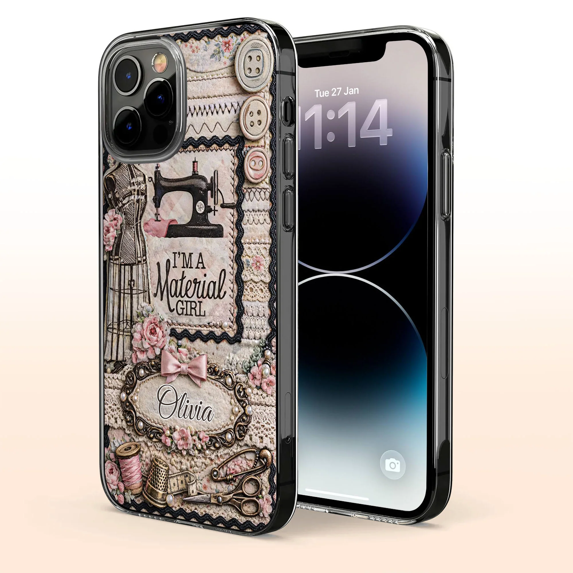 I'm A Material Girl Sewing Machine And Vintage Crafting Objects - Personalized Clear Phone Case - HAND026_PHC - Image 3