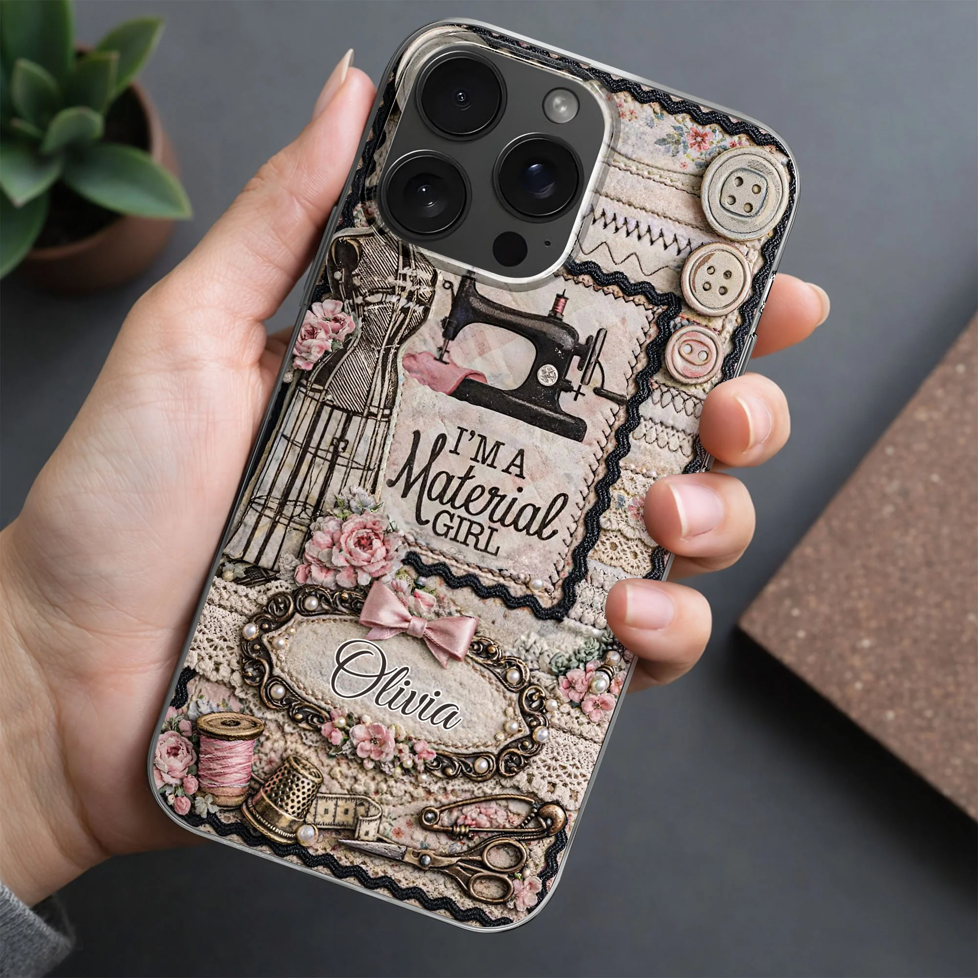 I'm A Material Girl Sewing Machine And Vintage Crafting Objects - Personalized Clear Phone Case - HAND026_PHC - Image 5