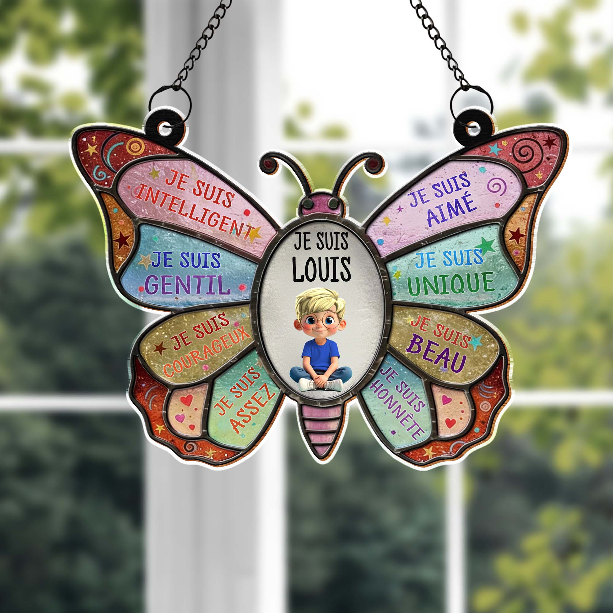 Je Suis Intelligent Affirmations Butterfly With Little Boy Design - Personalized Custom Suncatcher - KID606_CSUN - Image 2