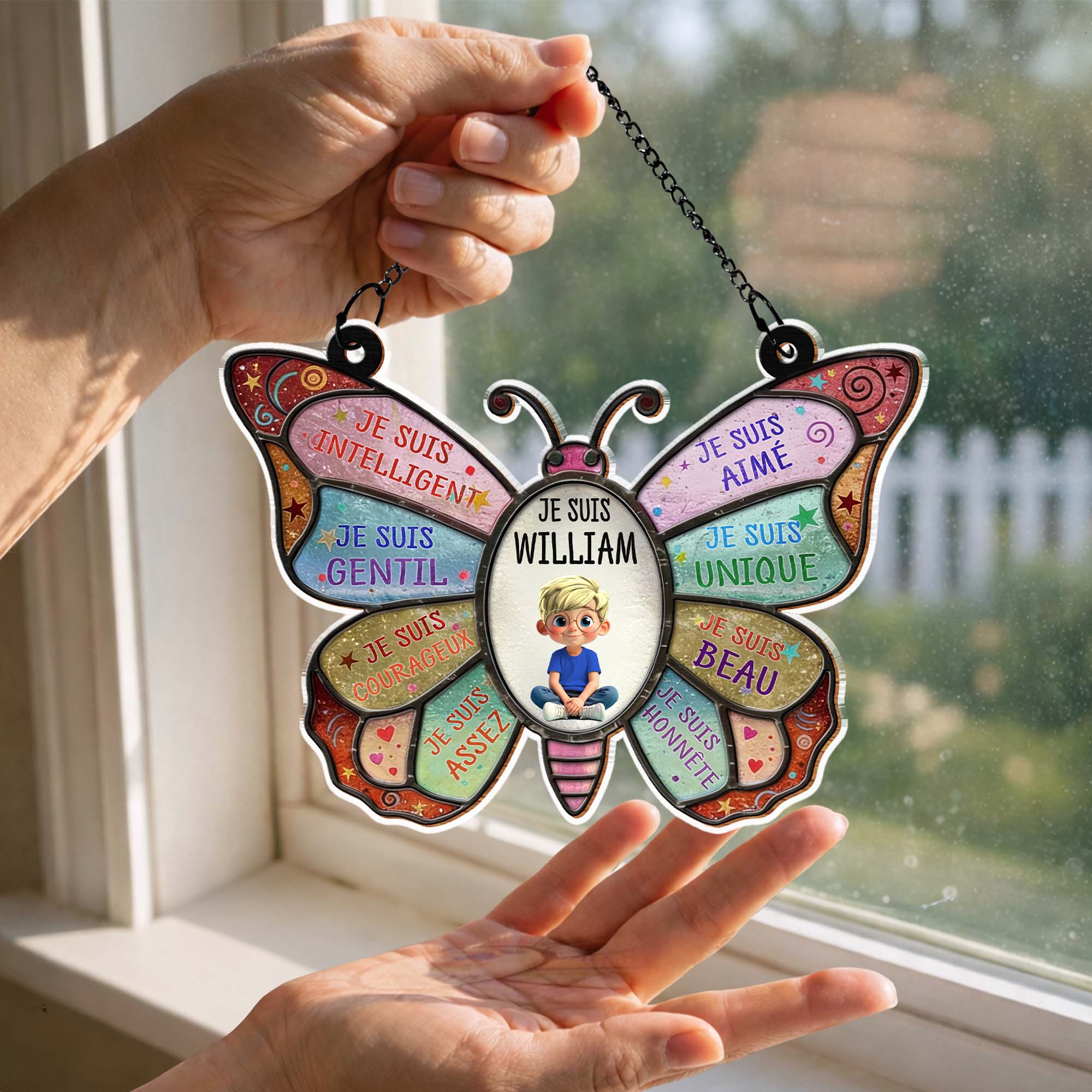 Je Suis Intelligent Affirmations Butterfly With Little Boy Design - Personalized Custom Suncatcher - KID606_CSUN - Image 3