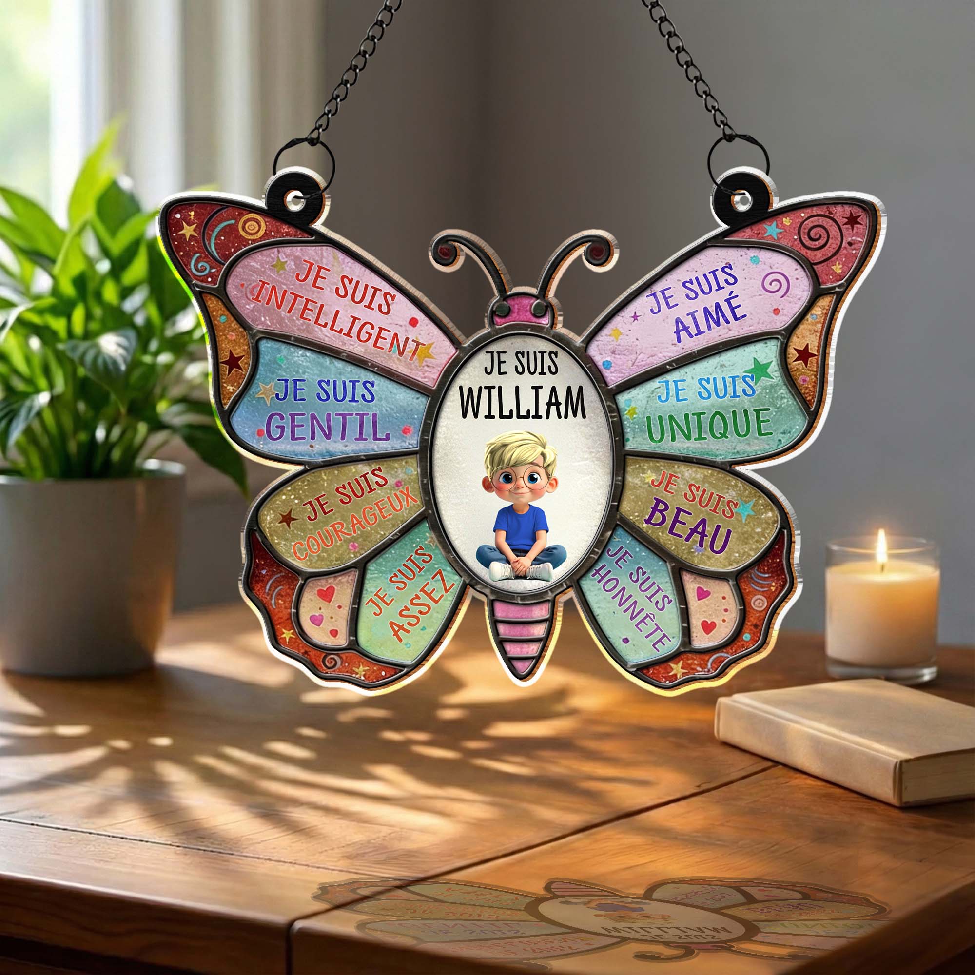 Je Suis Intelligent Affirmations Butterfly With Little Boy Design - Personalized Custom Suncatcher - KID606_CSUN - Image 4