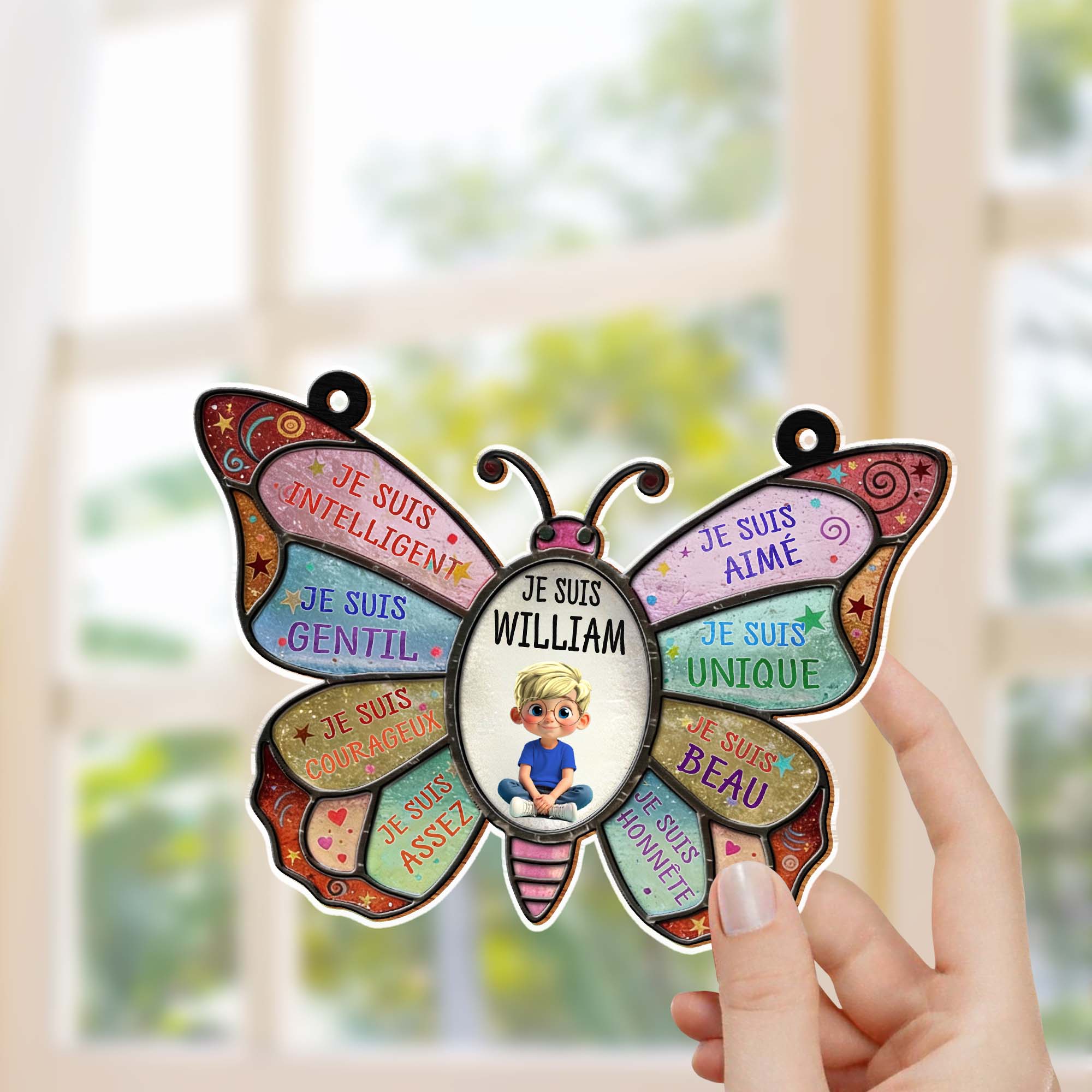 Je Suis Intelligent Affirmations Butterfly With Little Boy Design - Personalized Custom Suncatcher - KID606_CSUN - Image 5
