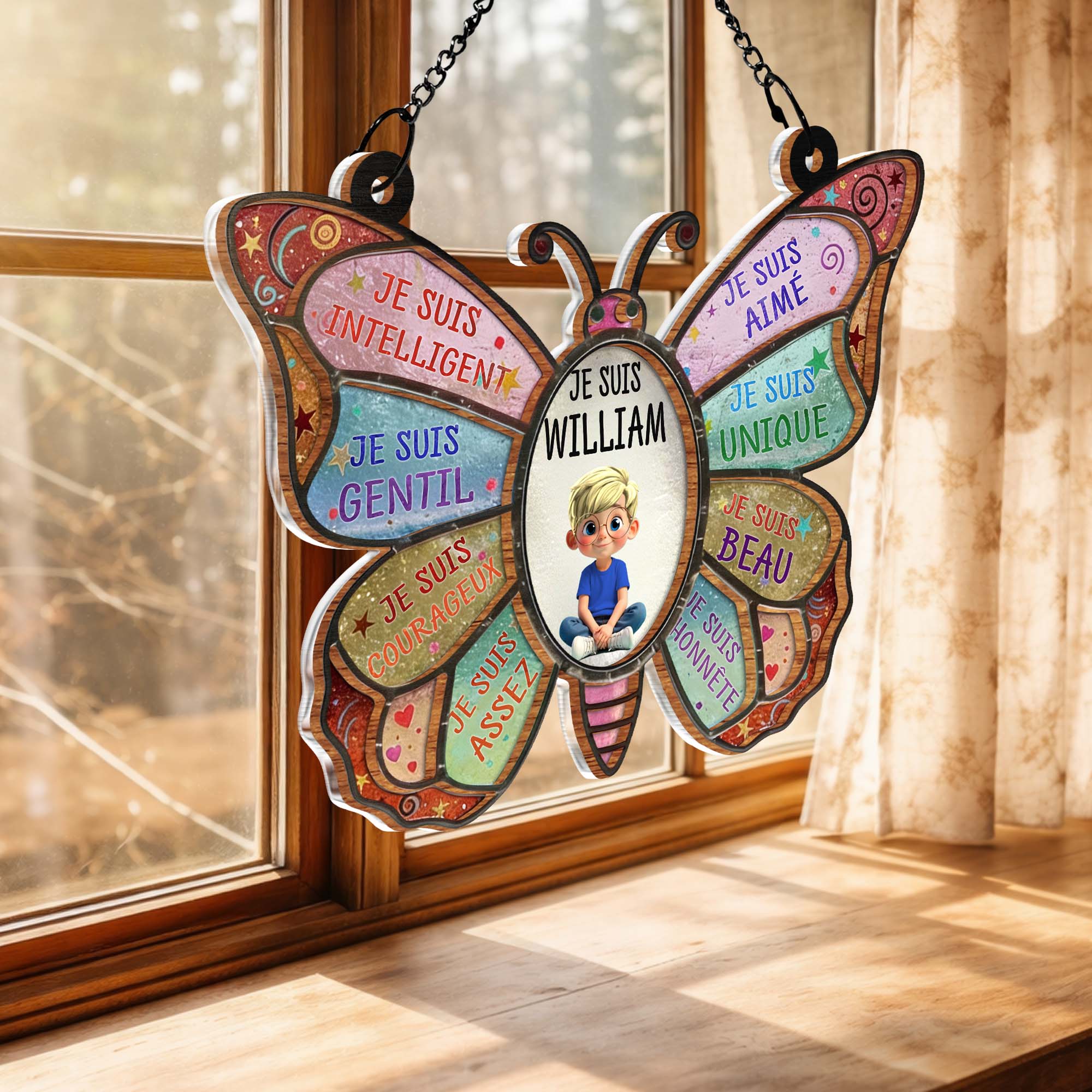 Je Suis Intelligent Affirmations Butterfly With Little Boy Design - Personalized Custom Suncatcher - KID606_CSUN - Image 6