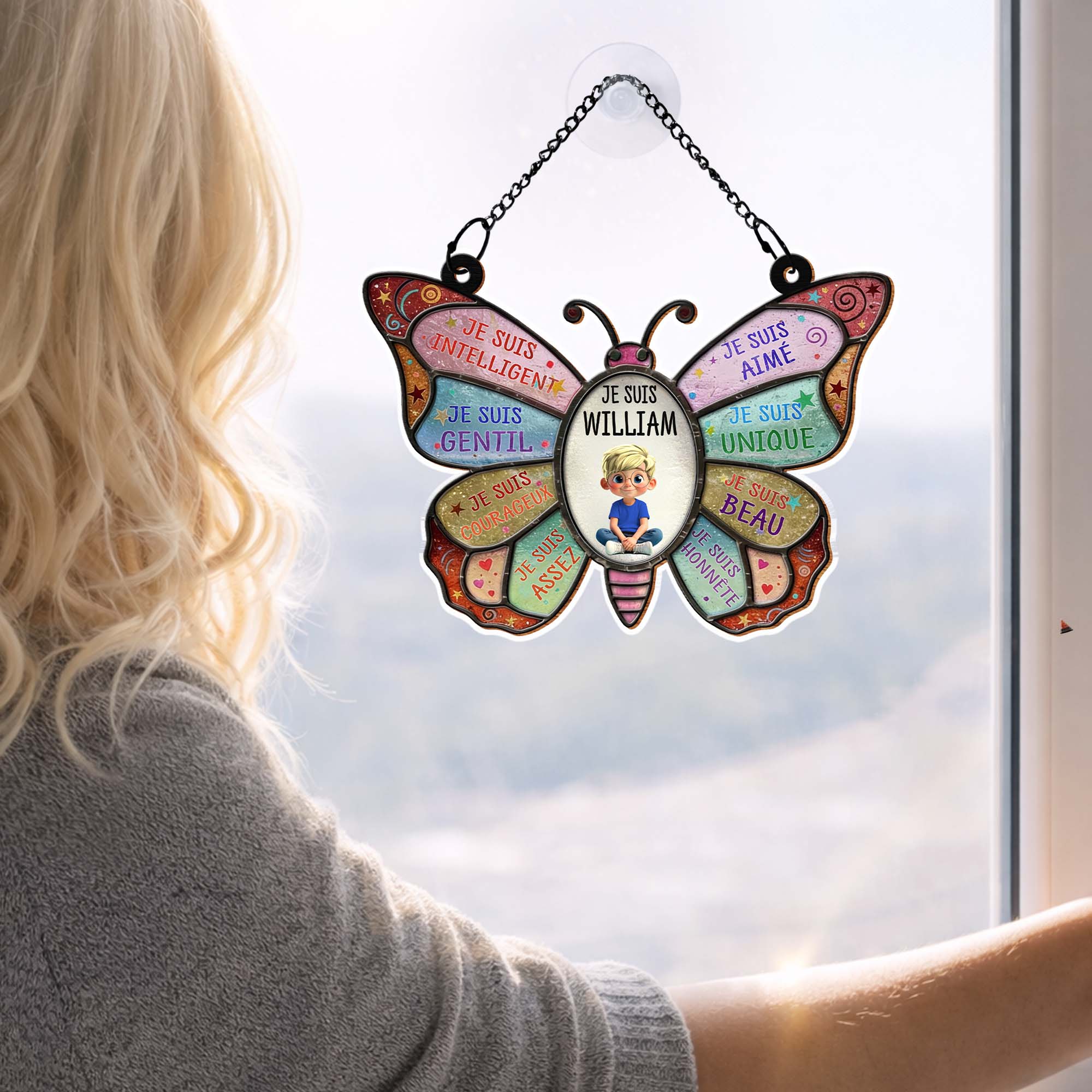 Je Suis Intelligent Affirmations Butterfly With Little Boy Design - Personalized Custom Suncatcher - KID606_CSUN - Image 7