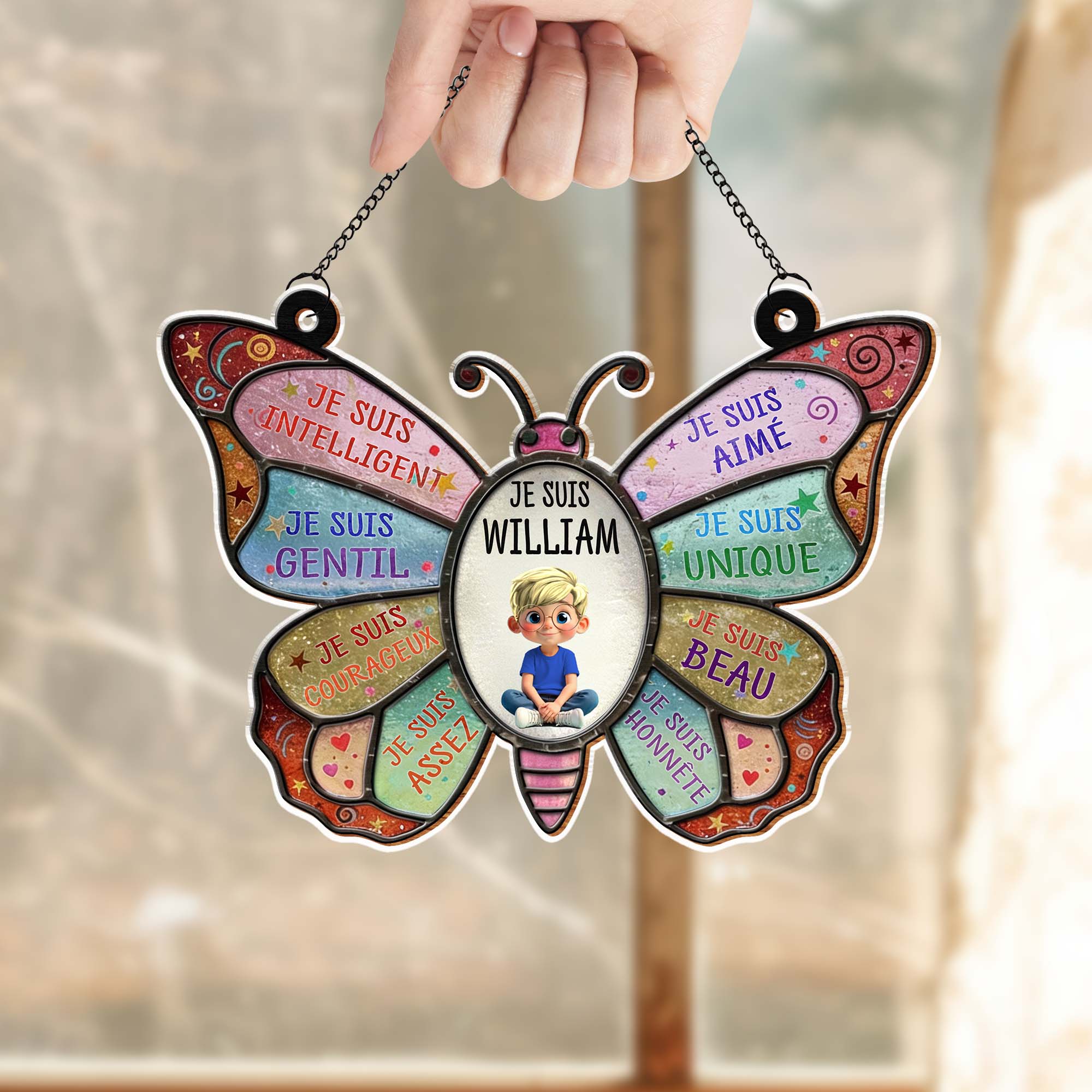 Je Suis Intelligent Affirmations Butterfly With Little Boy Design - Personalized Custom Suncatcher - KID606_CSUN - Image 8
