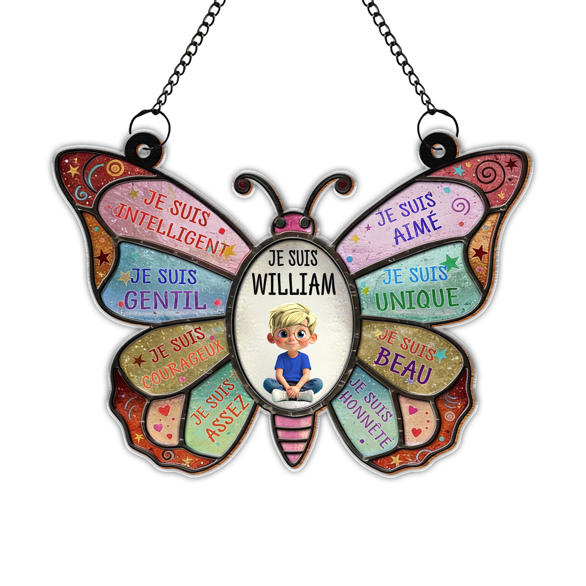 Je Suis Intelligent Affirmations Butterfly With Little Boy Design - Personalized Custom Suncatcher - KID606_CSUN - Image 9