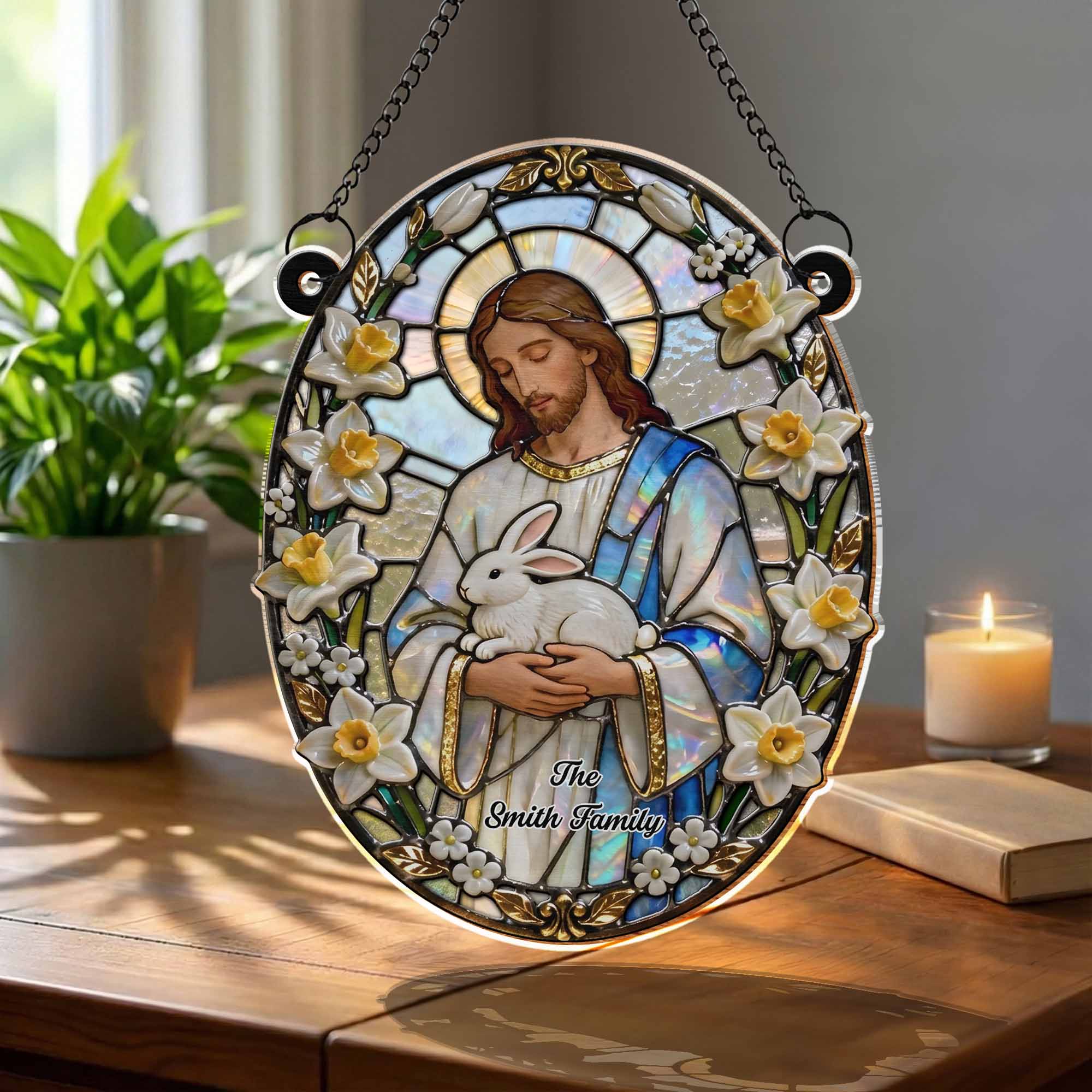 Jesus Holding A Gentle White Rabbit With Spring Flowers Stained Glass Design - Personalized Custom Suncatcher - FTH126_CSUN - Image 3