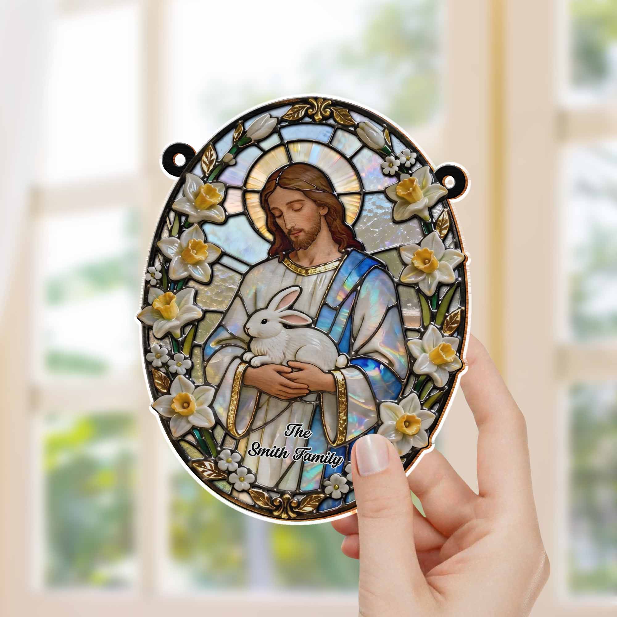Jesus Holding A Gentle White Rabbit With Spring Flowers Stained Glass Design - Personalized Custom Suncatcher - FTH126_CSUN - Image 4