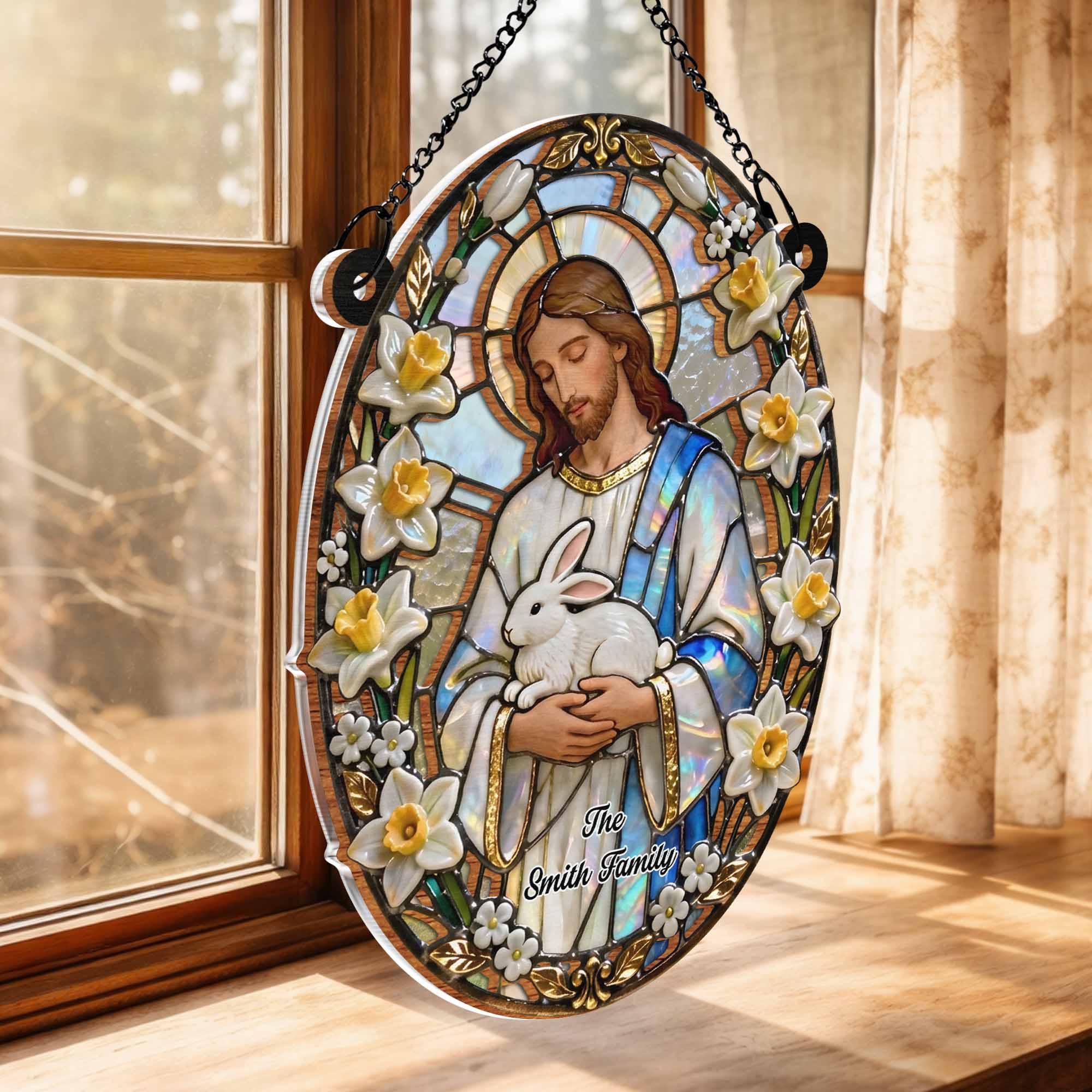 Jesus Holding A Gentle White Rabbit With Spring Flowers Stained Glass Design - Personalized Custom Suncatcher - FTH126_CSUN - Image 5