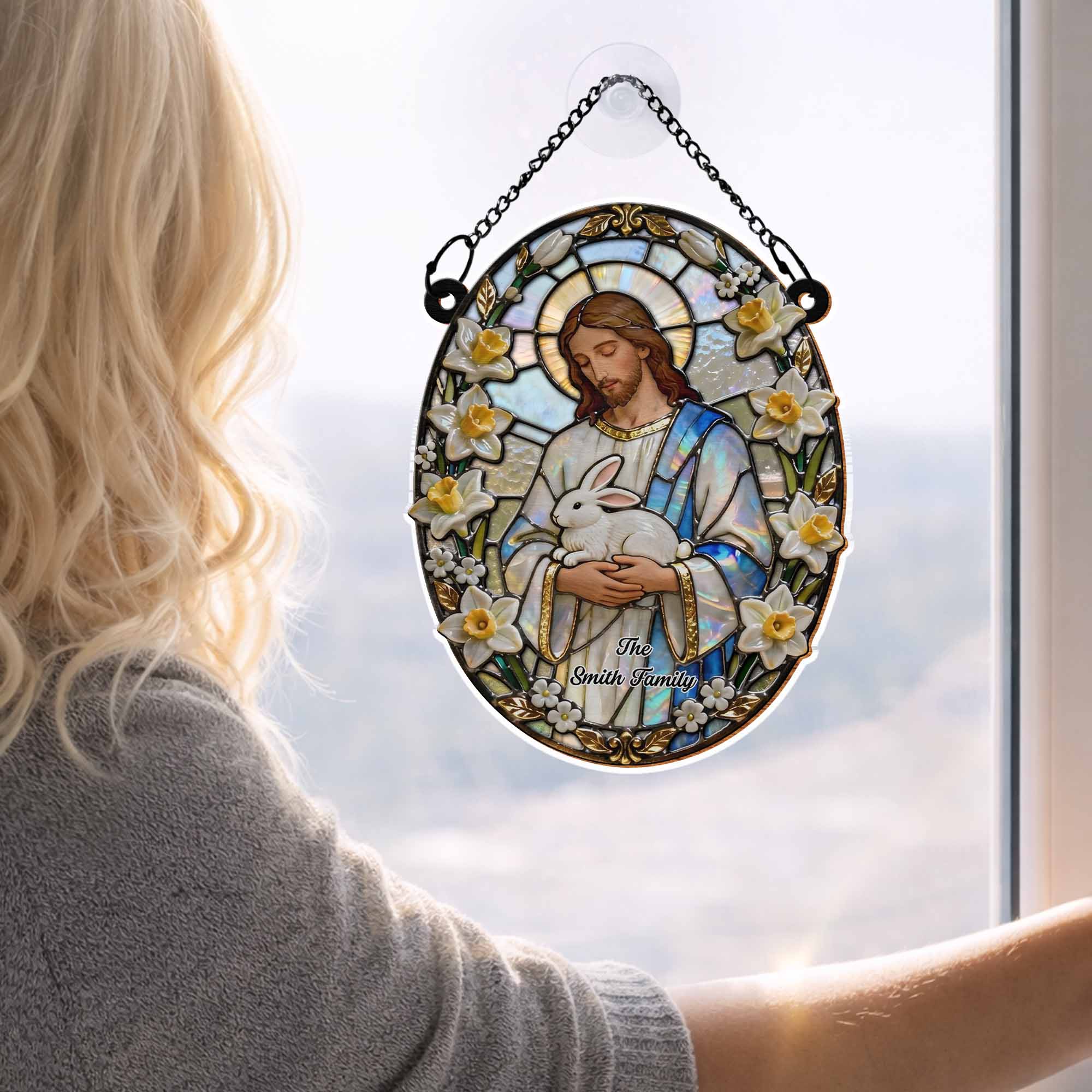 Jesus Holding A Gentle White Rabbit With Spring Flowers Stained Glass Design - Personalized Custom Suncatcher - FTH126_CSUN - Image 6