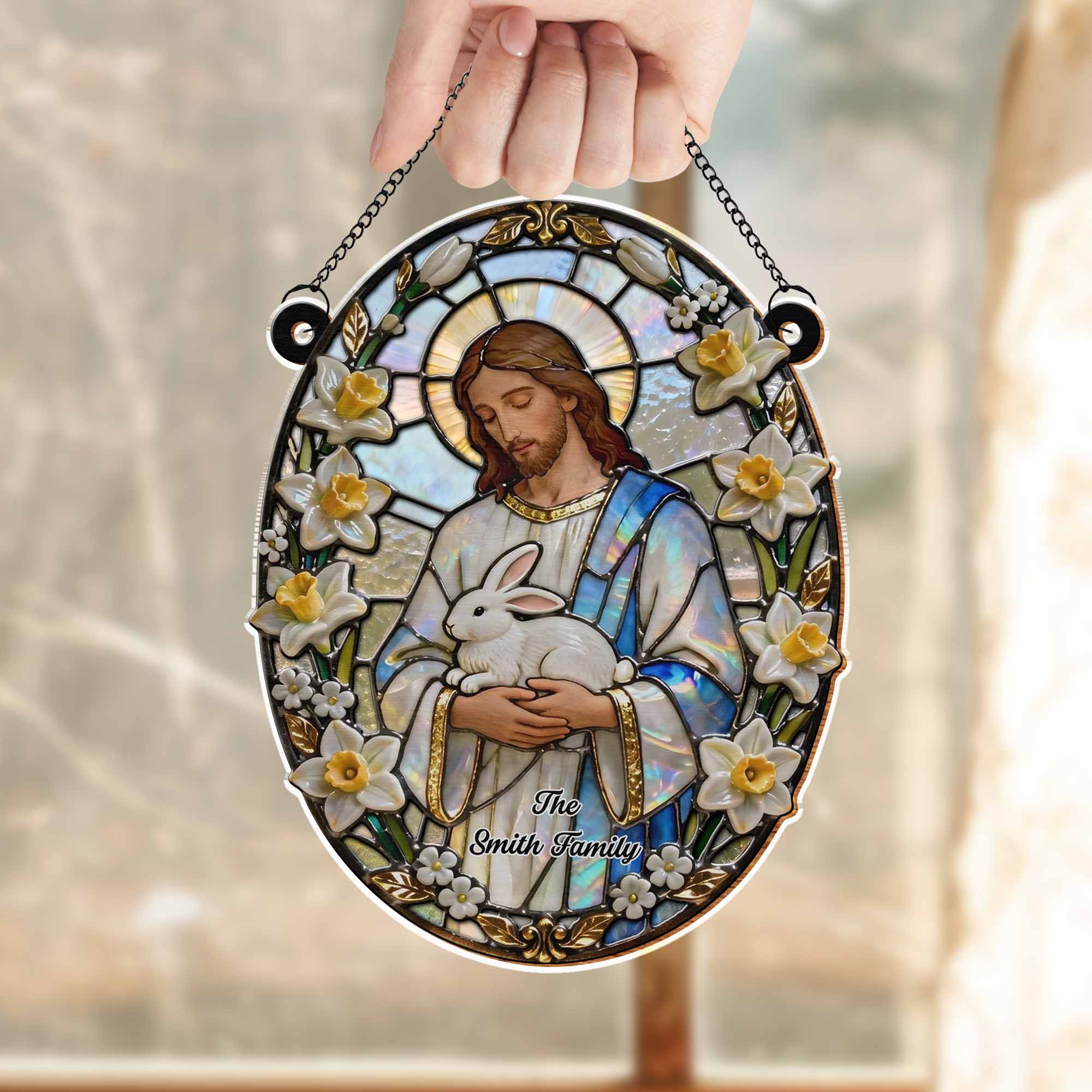 Jesus Holding A Gentle White Rabbit With Spring Flowers Stained Glass Design - Personalized Custom Suncatcher - FTH126_CSUN - Image 7