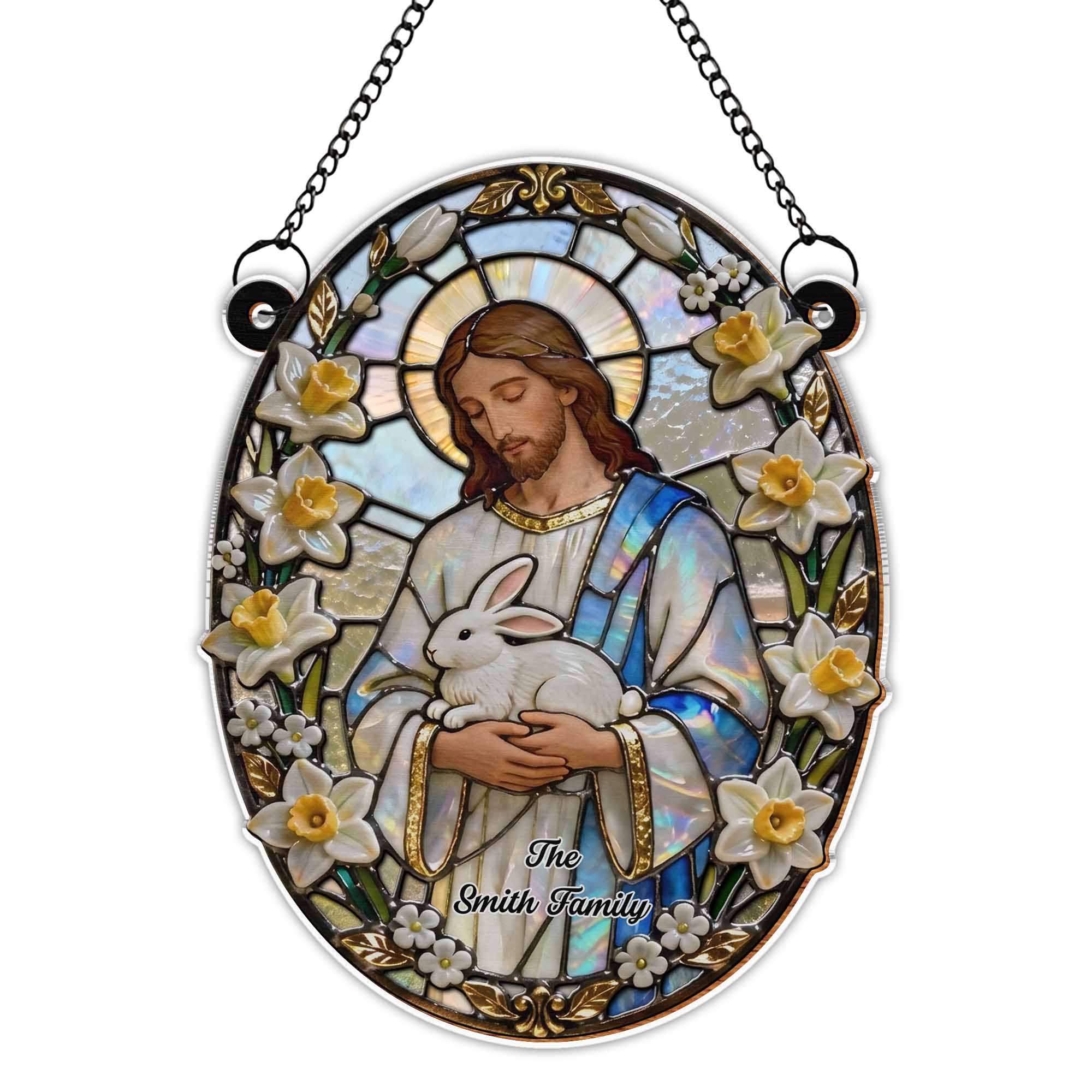 Jesus Holding A Gentle White Rabbit With Spring Flowers Stained Glass Design - Personalized Custom Suncatcher - FTH126_CSUN - Image 9
