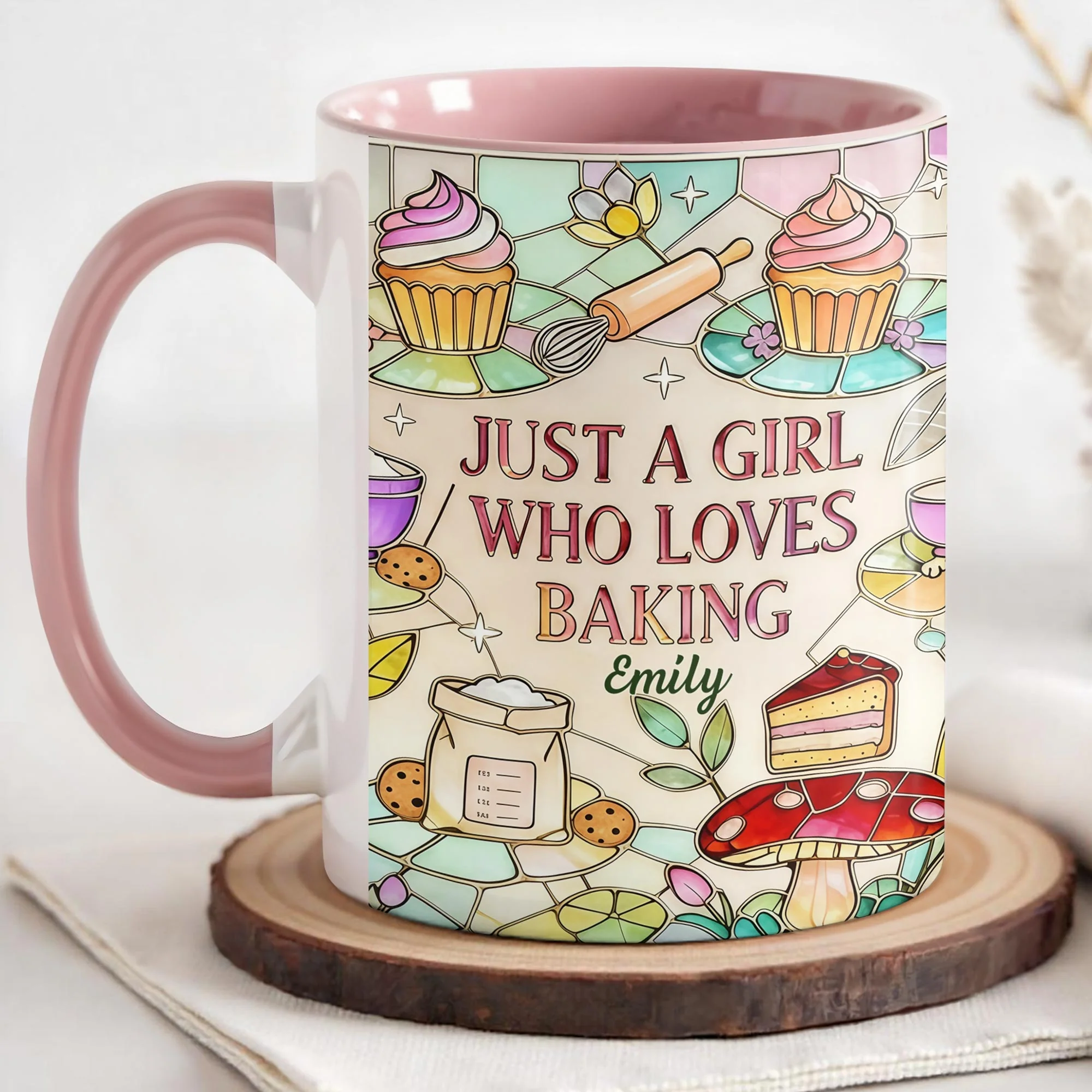 Just A Girl Who Loves Baking Stained Glass Style Cupcake And Whisk - Personalized Custom Accent Mug - COOK016_AMUG - Image 3