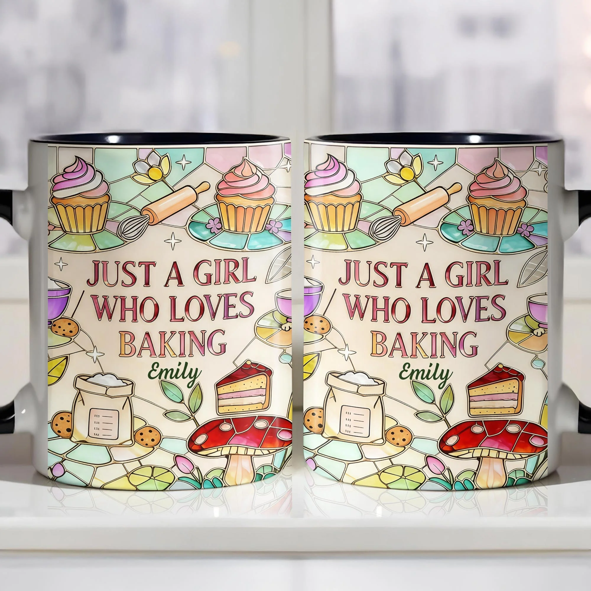 Just A Girl Who Loves Baking Stained Glass Style Cupcake And Whisk - Personalized Custom Accent Mug - COOK016_AMUG - Image 4