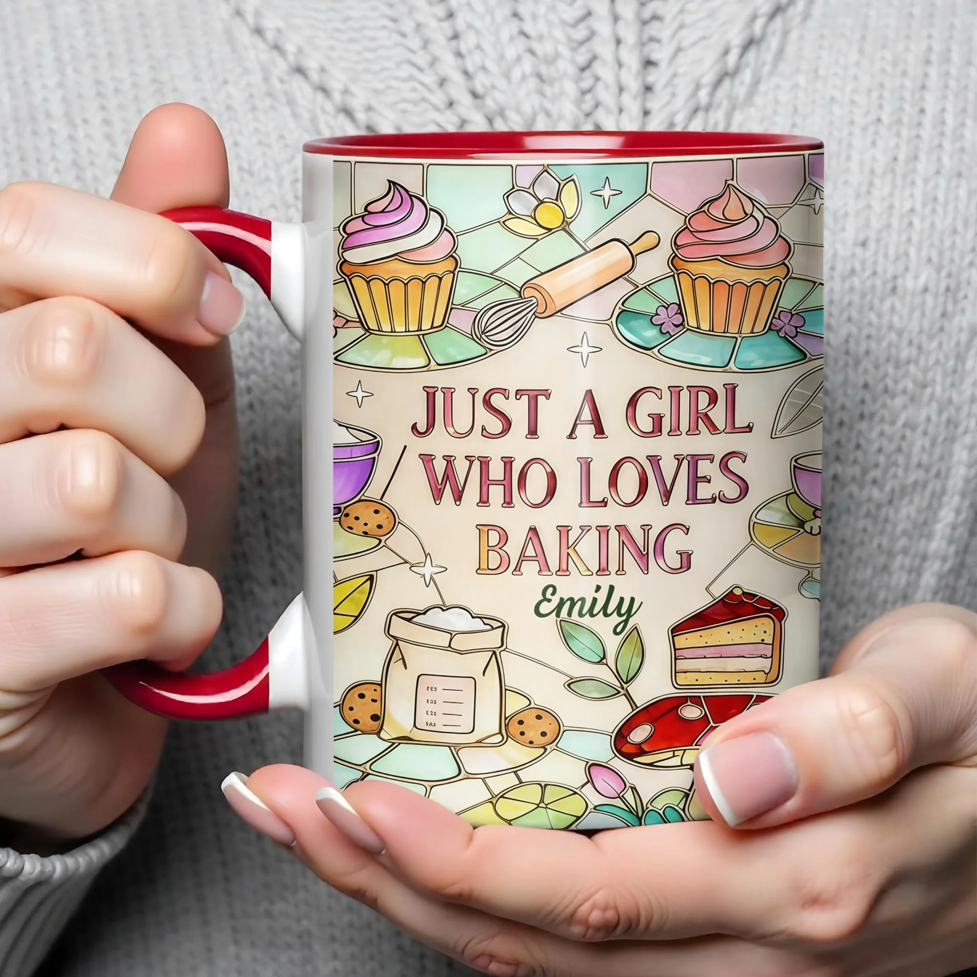 Just A Girl Who Loves Baking Stained Glass Style Cupcake And Whisk - Personalized Custom Accent Mug - COOK016_AMUG - Image 5