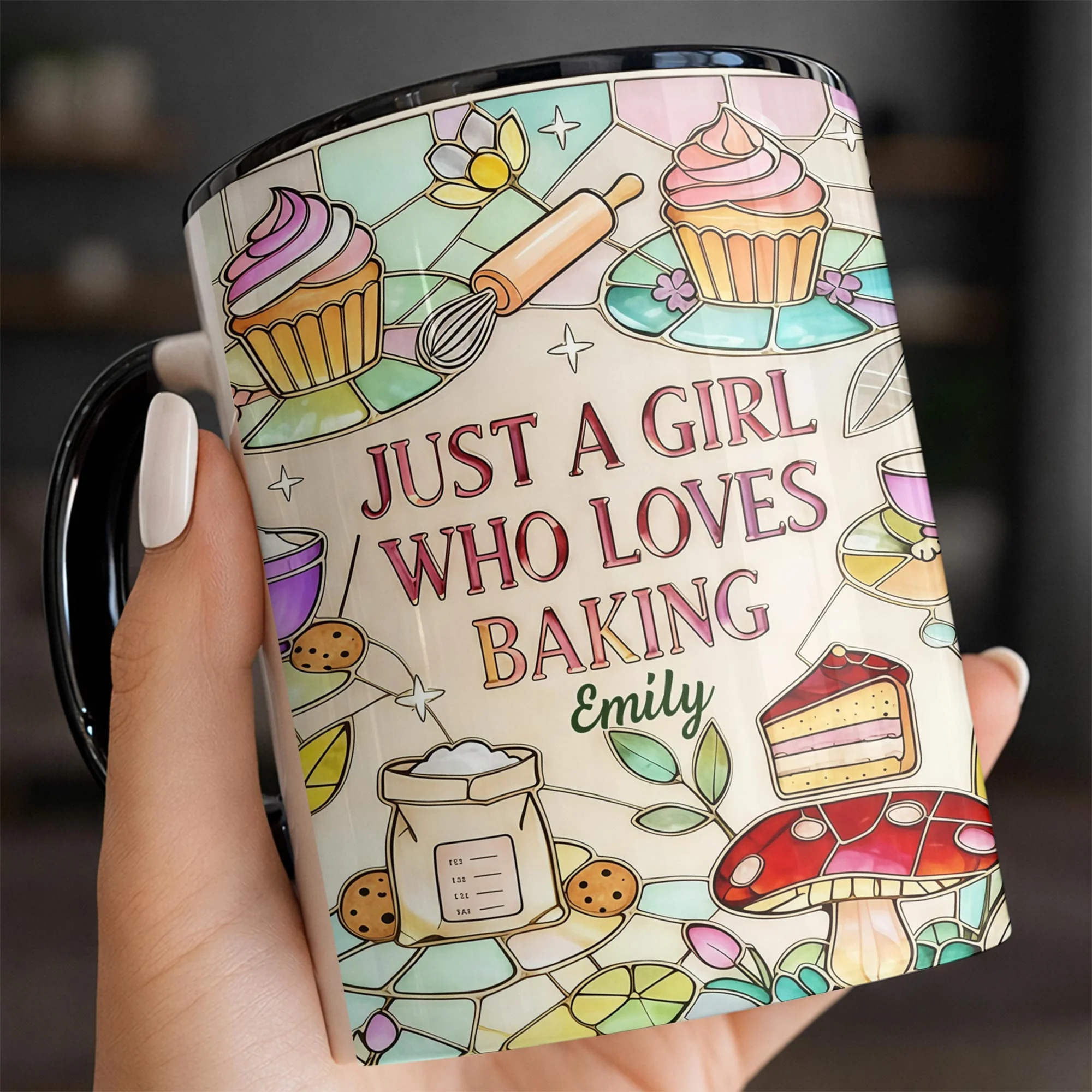 Just A Girl Who Loves Baking Stained Glass Style Cupcake And Whisk - Personalized Custom Accent Mug - COOK016_AMUG - Image 8