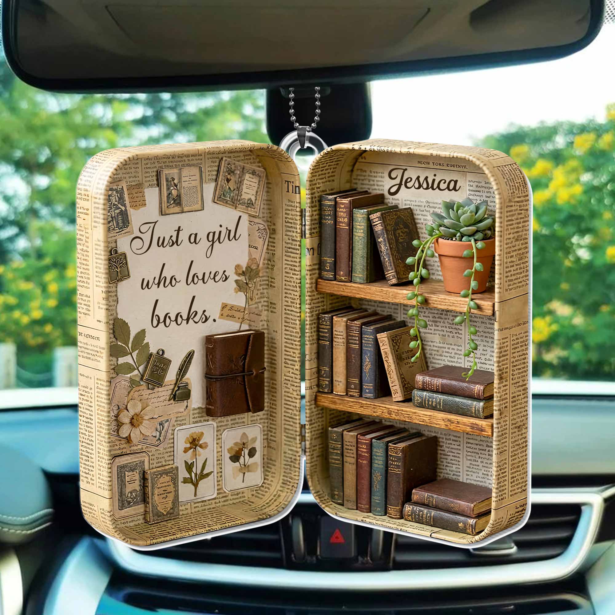 Just A Girl Who Loves Books Vintage Library Suitcase And Bookshelf - Personalized Custom Acrylic Ornament, Car Hanging Ornament - BLV090_ACA - Image 5