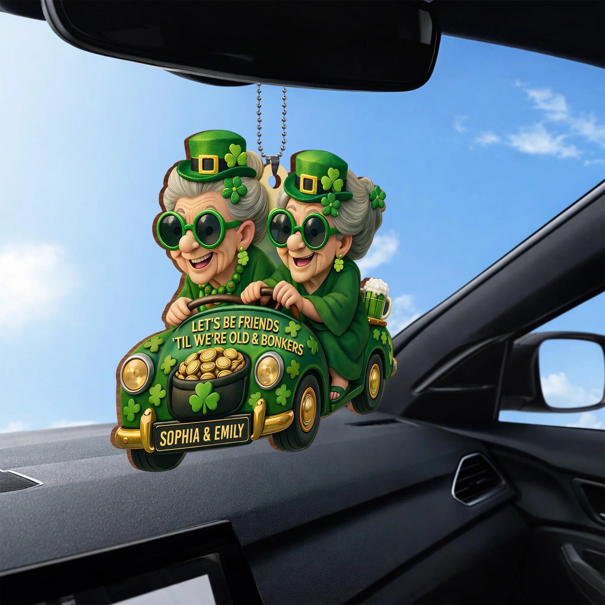 Let's Be Friends 'Til We're Old And Bonkers With Two Besties In Car Shamrocks - Personalized Custom Wood Ornament, Car Hanging Ornament - BST540_WCA - Image 6