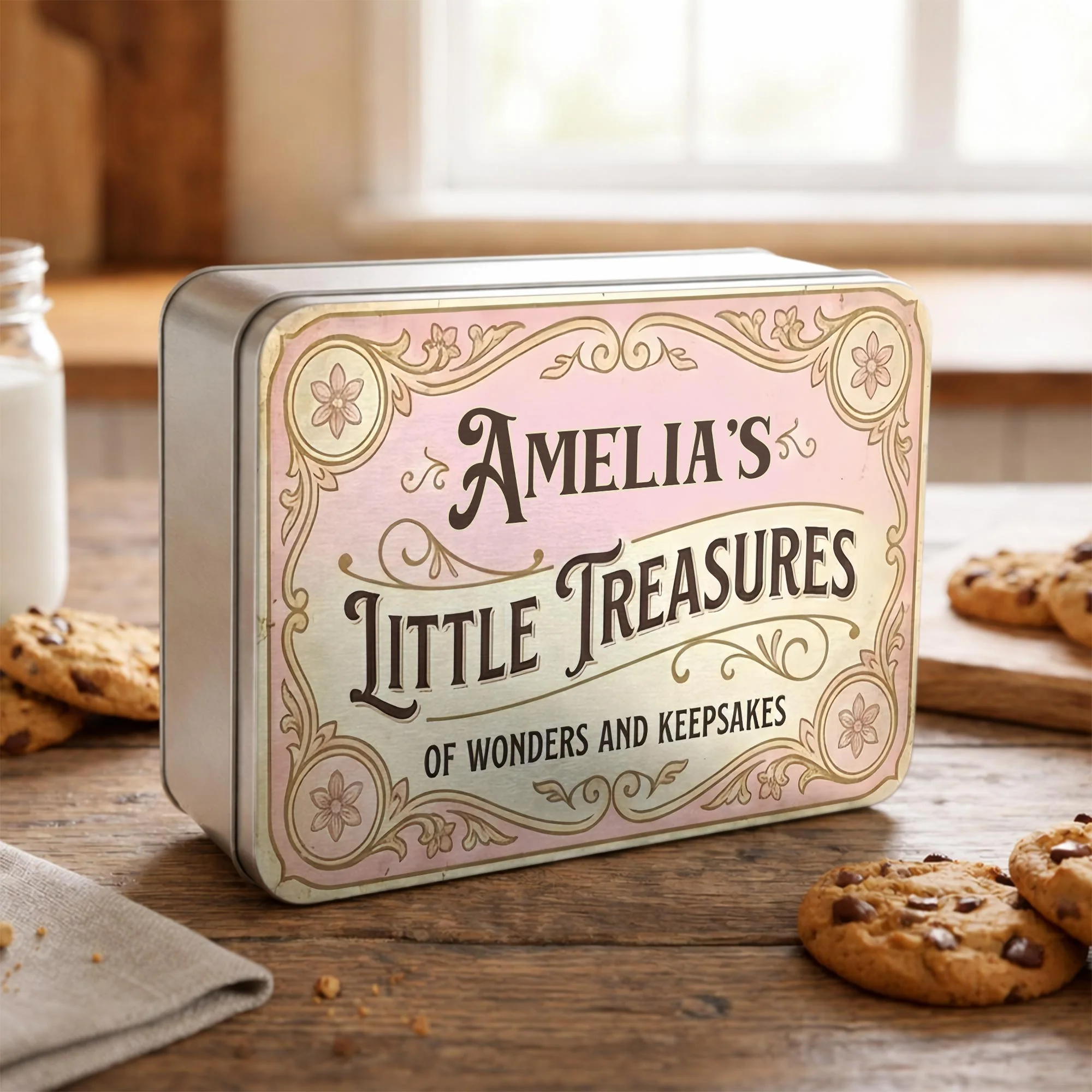 Little Treasures Of Wonders And Keepsakes Vintage Floral Border - Personalized Cookie Tin Box - KID455_CTBOX - Image 5