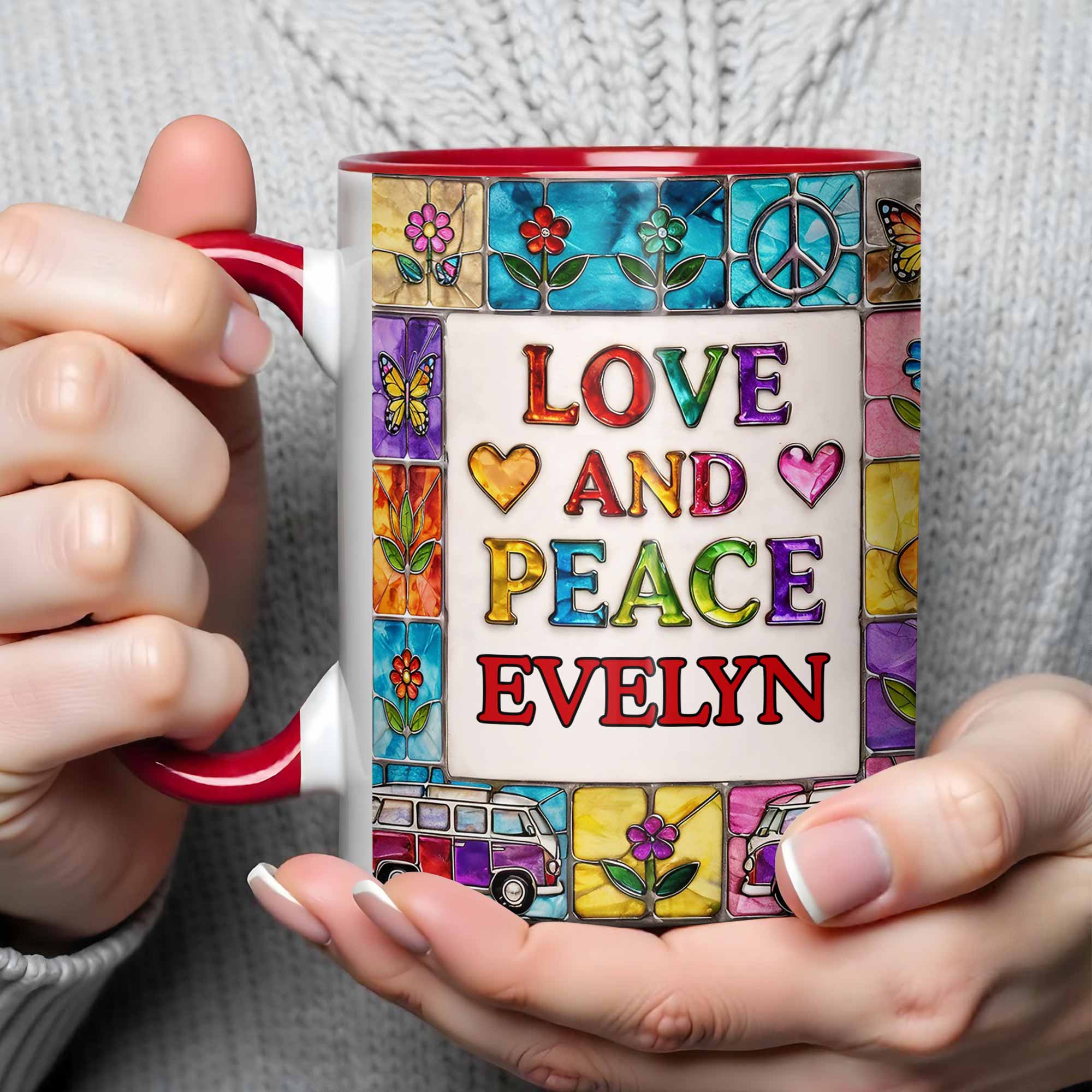 Love And Peace With Flowers Butterflies And Vintage Van Design - Personalized Custom Accent Mug - HOB107_AMUG - Image 3
