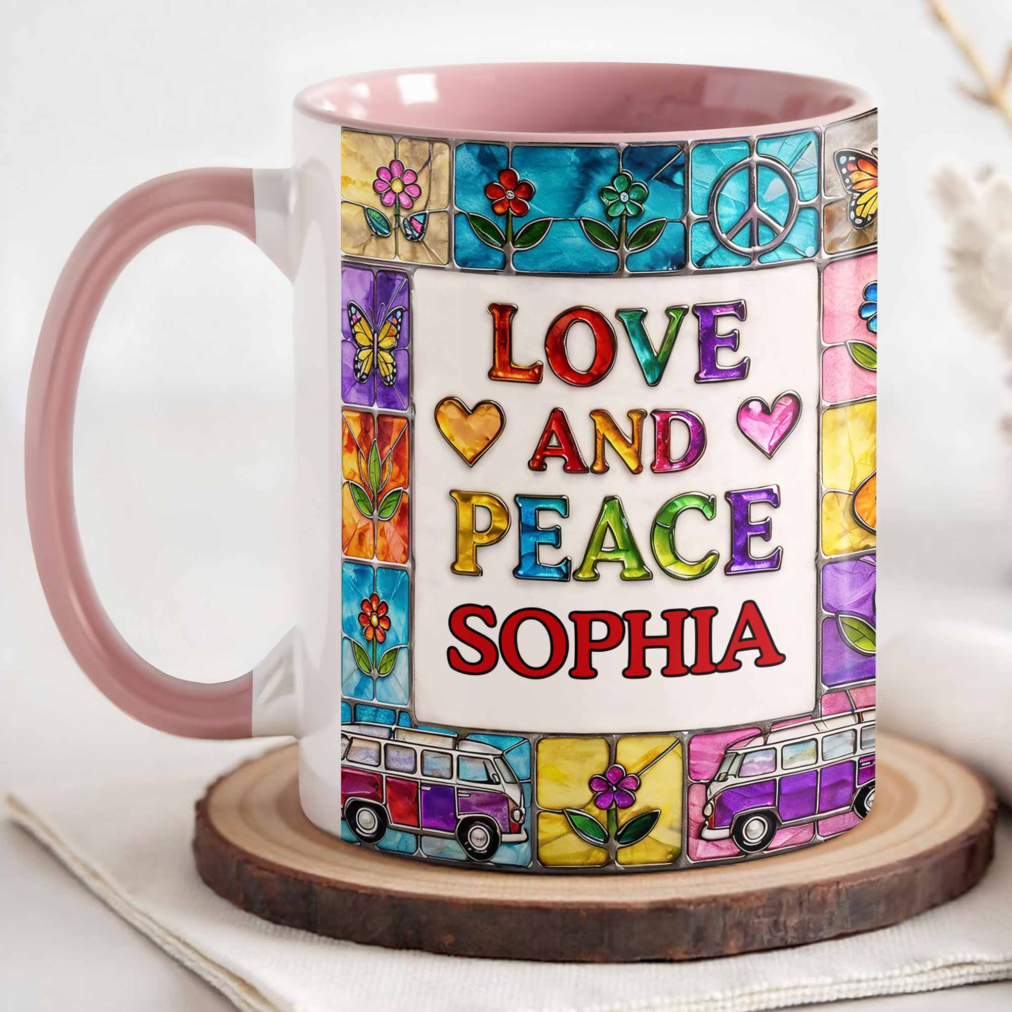 Love And Peace With Flowers Butterflies And Vintage Van Design - Personalized Custom Accent Mug - HOB107_AMUG - Image 4