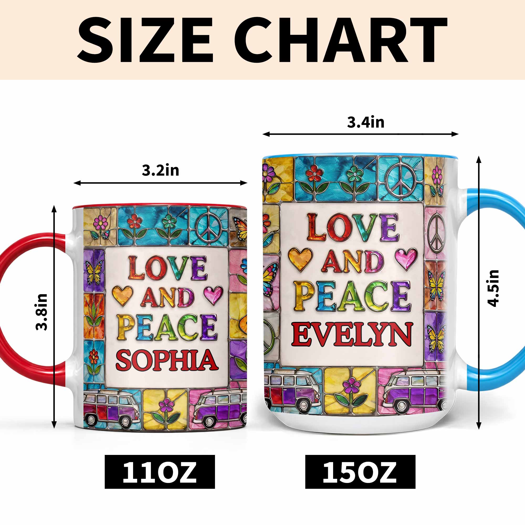 Love And Peace With Flowers Butterflies And Vintage Van Design - Personalized Custom Accent Mug - HOB107_AMUG - Image 6