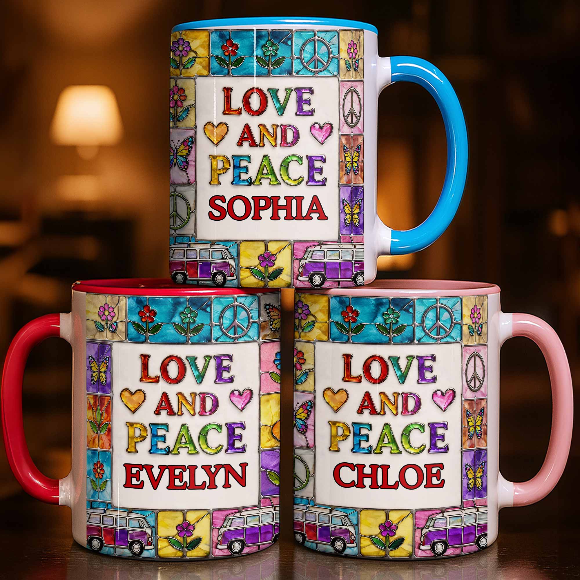 Love And Peace With Flowers Butterflies And Vintage Van Design - Personalized Custom Accent Mug - HOB107_AMUG - Image 7