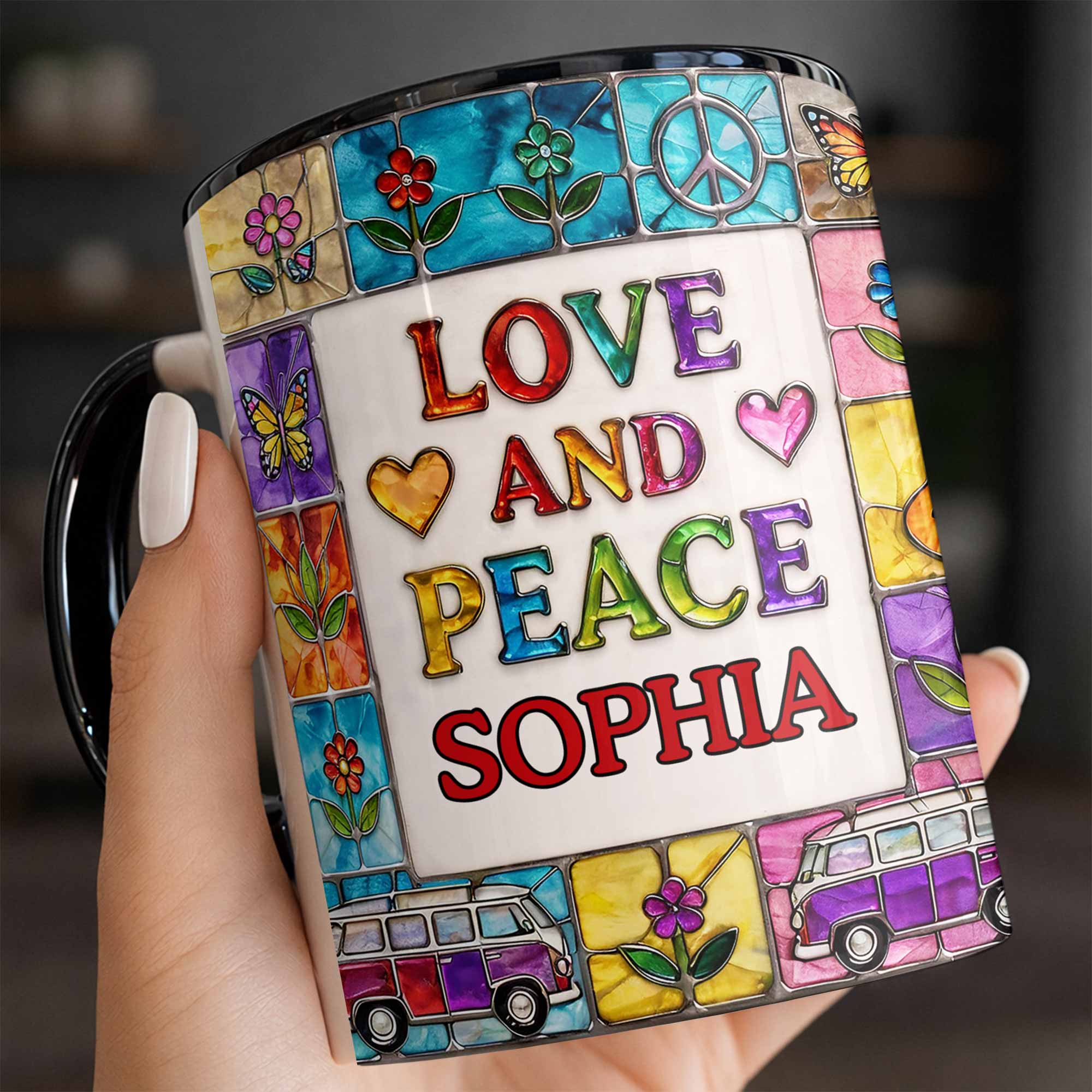 Love And Peace With Flowers Butterflies And Vintage Van Design - Personalized Custom Accent Mug - HOB107_AMUG - Image 8