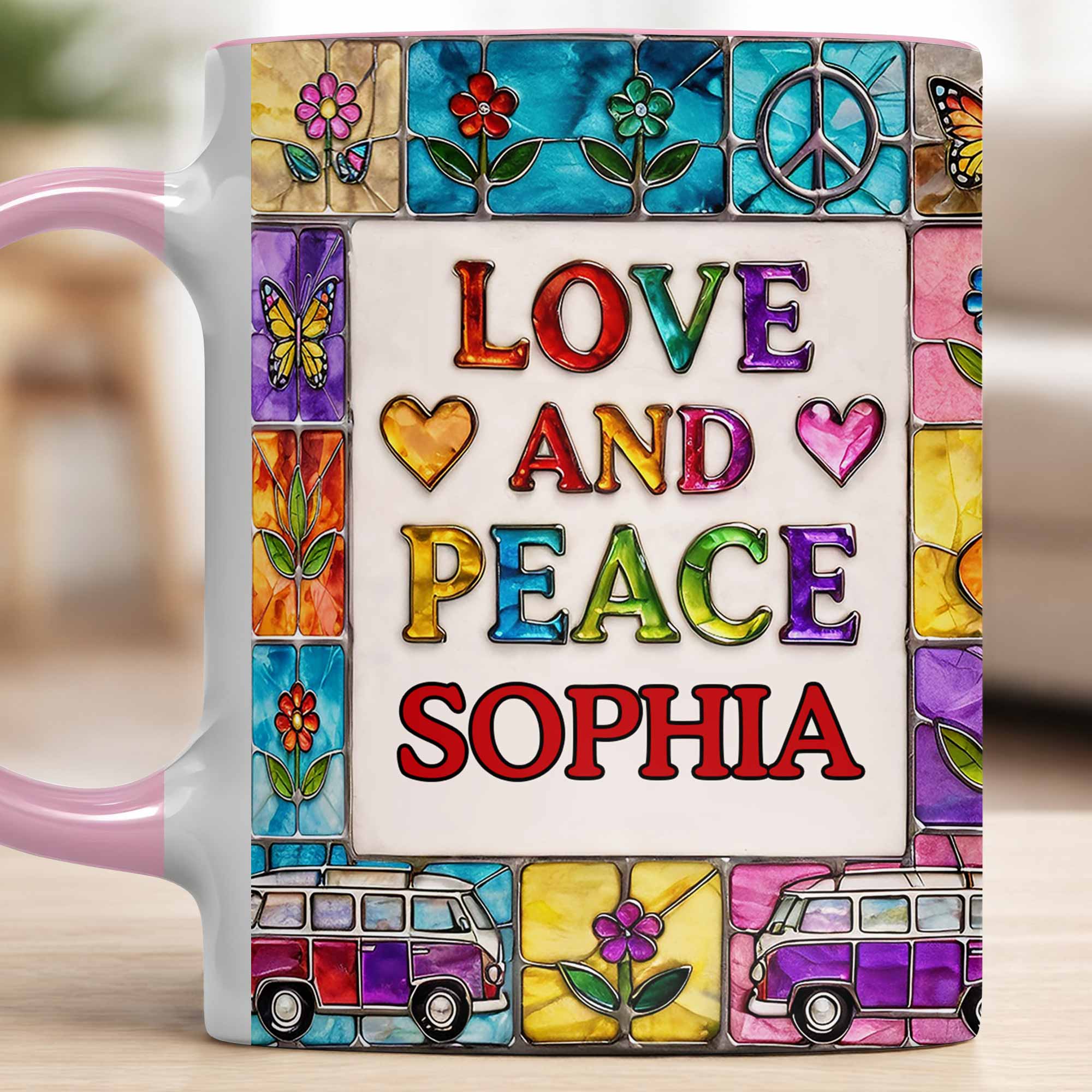 Love And Peace With Flowers Butterflies And Vintage Van Design - Personalized Custom Accent Mug - HOB107_AMUG - Image 9