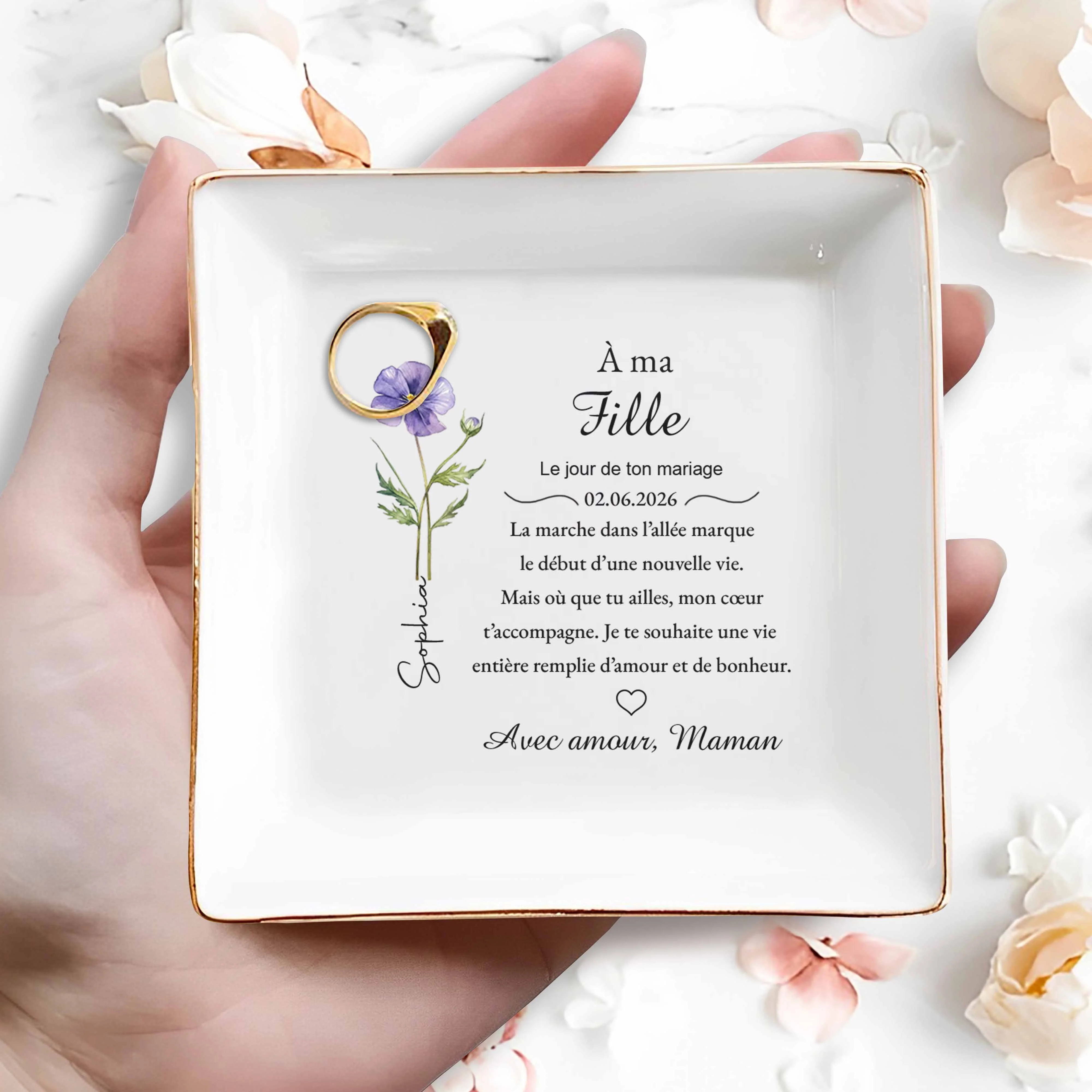 À Ma Fille Le Jour De Ton Mariage Birth Month Flower - Personalized Custom Jewelry Dish, Square Ceramic Dish - DAU359_SCRD - Image 2