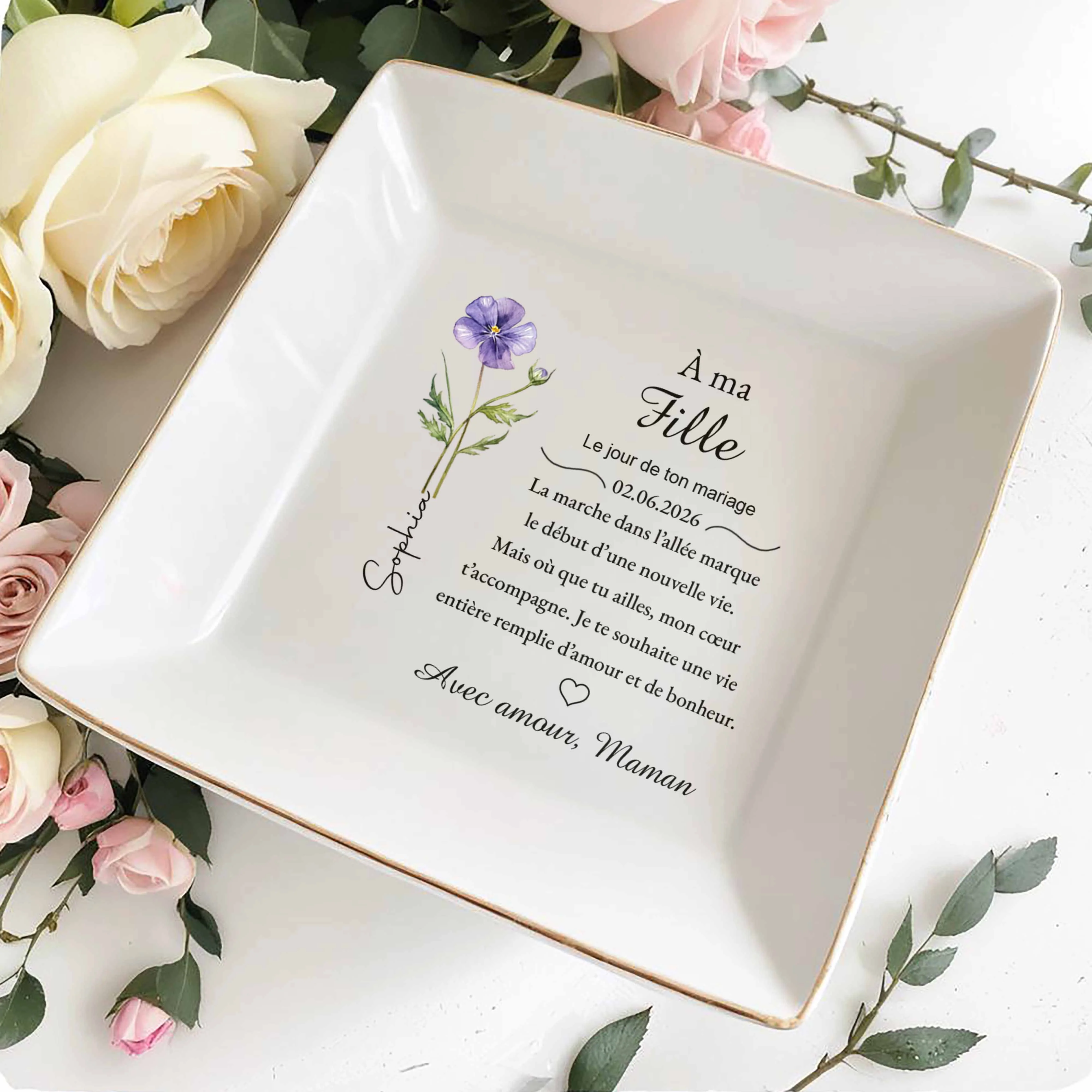 À Ma Fille Le Jour De Ton Mariage Birth Month Flower - Personalized Custom Jewelry Dish, Square Ceramic Dish - DAU359_SCRD - Image 4