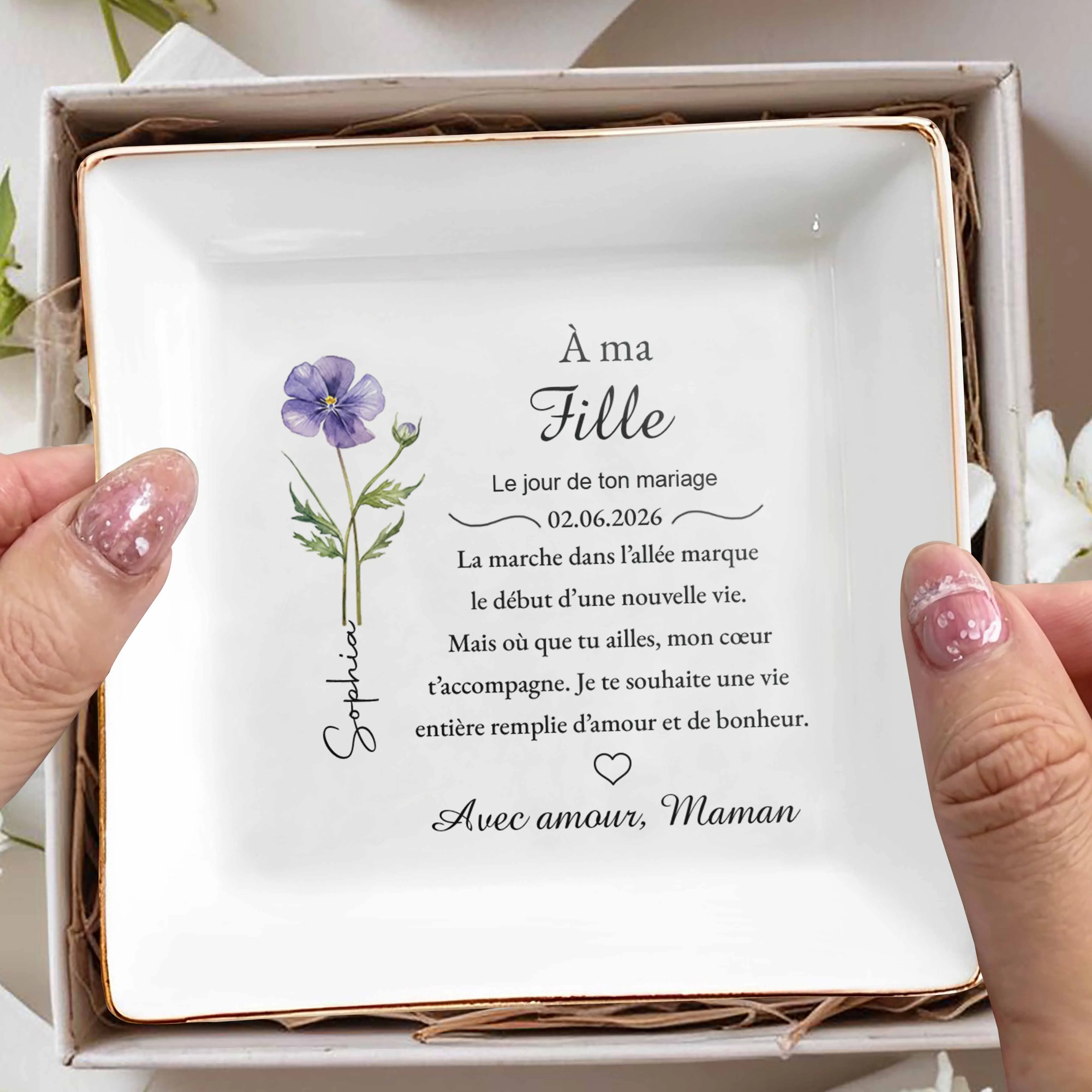 À Ma Fille Le Jour De Ton Mariage Birth Month Flower - Personalized Custom Jewelry Dish, Square Ceramic Dish - DAU359_SCRD - Image 5