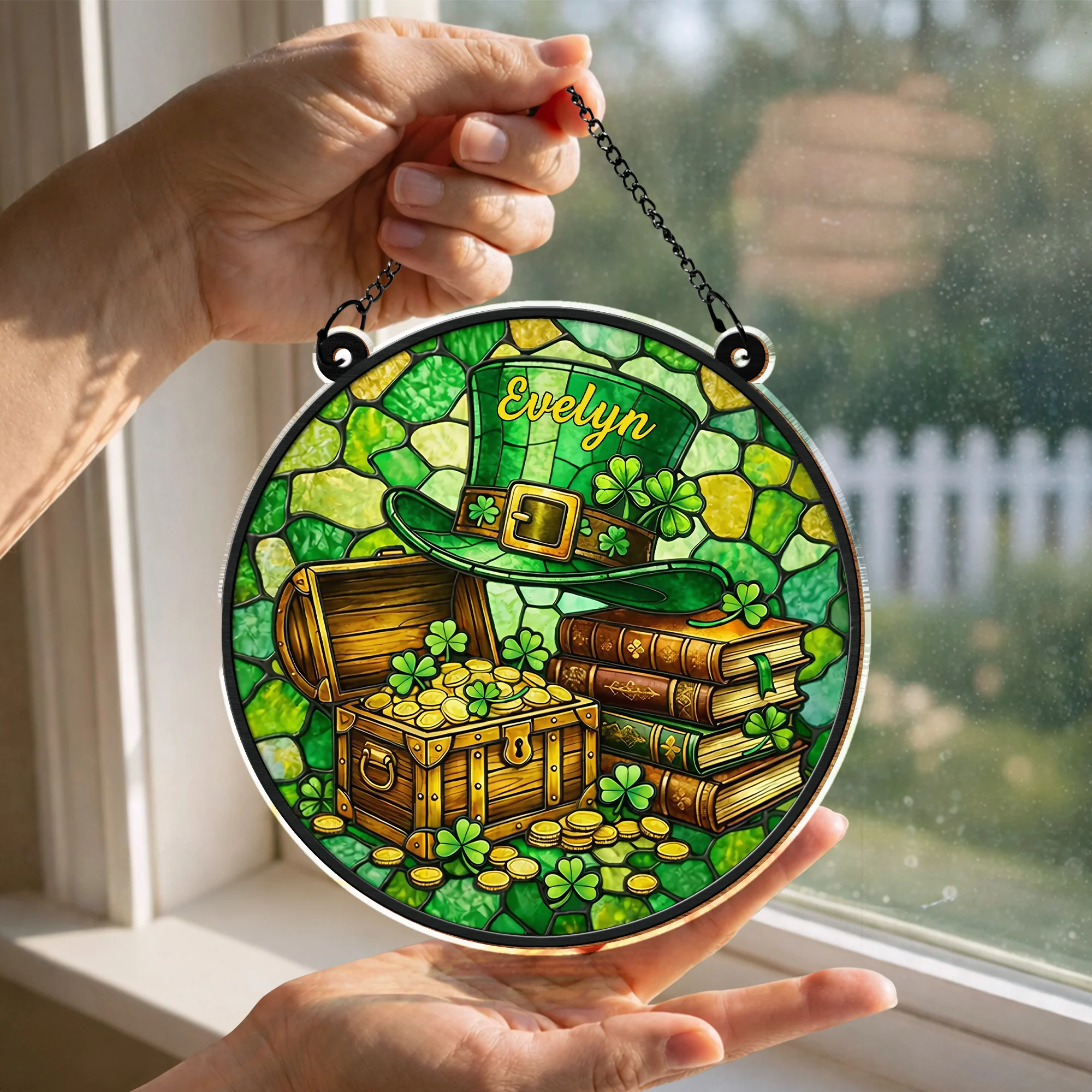 May Luck Be With You Always Leprechaun Hat And Treasure Chest - Personalized Custom Suncatcher - FAM787_CSUN - Image 8