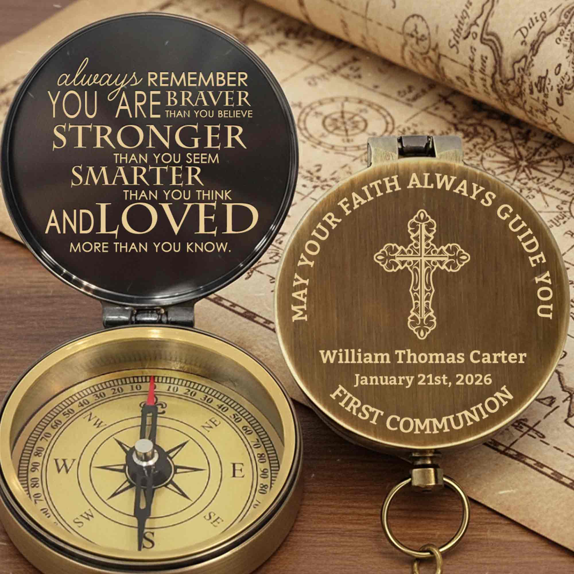May Your Faith Always Guide You First Communion Cross Design - Personalized Engraved Brass Compass - KID402_ECPASS