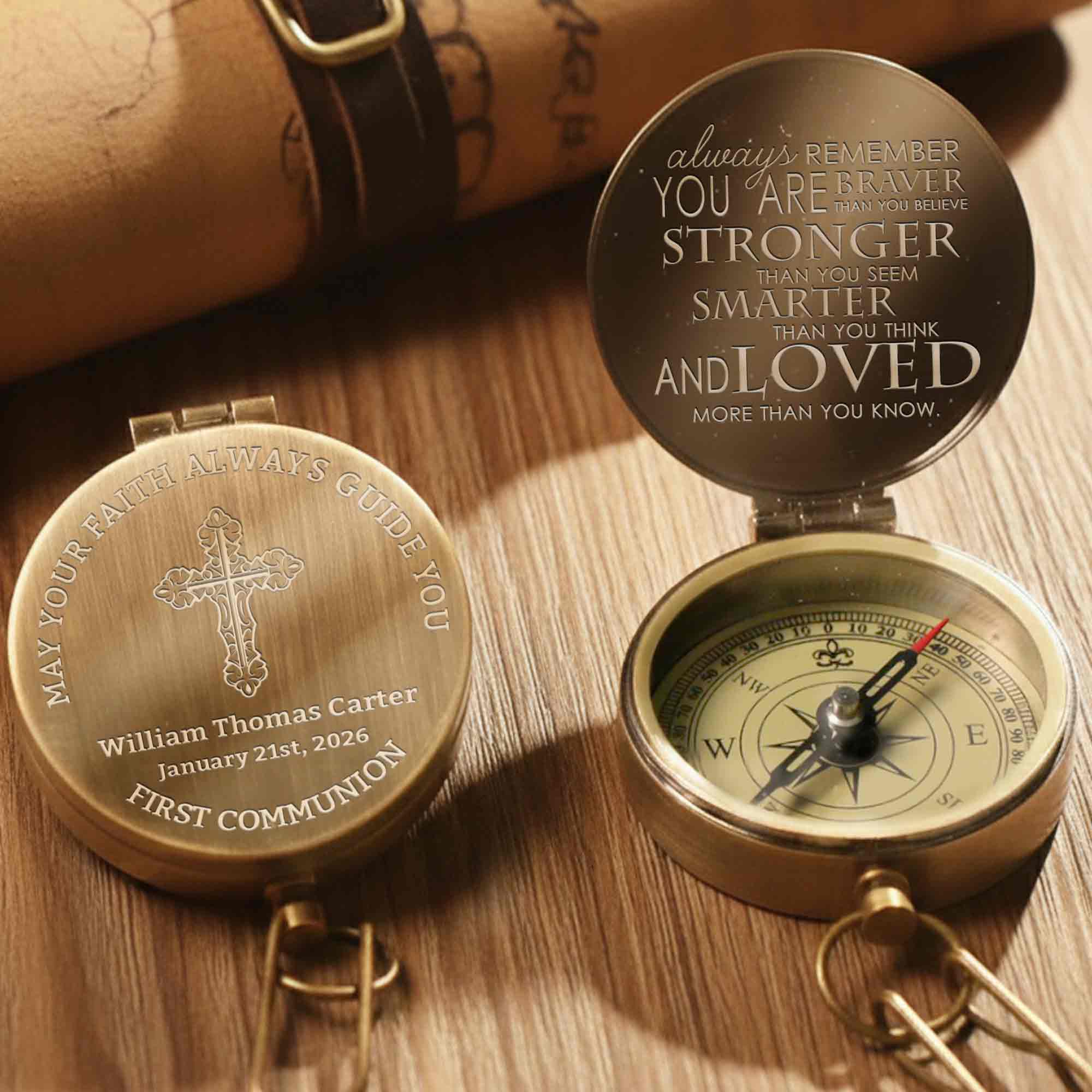 May Your Faith Always Guide You First Communion Cross Design - Personalized Engraved Brass Compass - KID402_ECPASS - Image 10